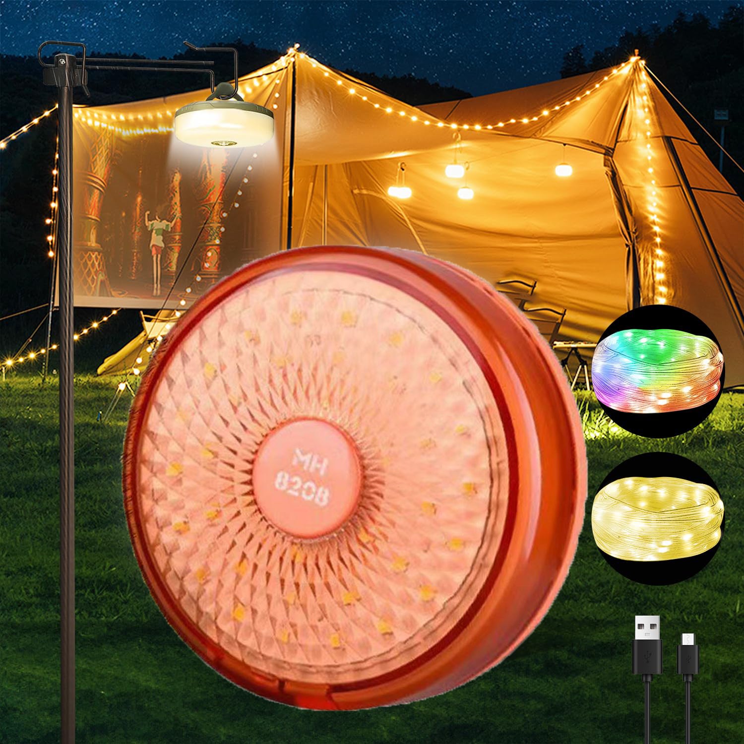 Girlanda świetlna kempingowa 8 m, ładowalna lampa kempingowa LED, 8 trybów oświetlenia, RGB + ciepłe światło, wodoodporność IP67, 1500 mAh - czerwona