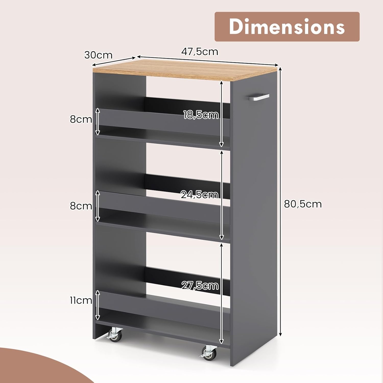 Chariot de Rangement Largeur 30 cm à roulettes, Desserte de Cuisine à 4 Niveaux, Poignée Latérale et Roues Universelles avec Freins (Gris + Naturel) - 3