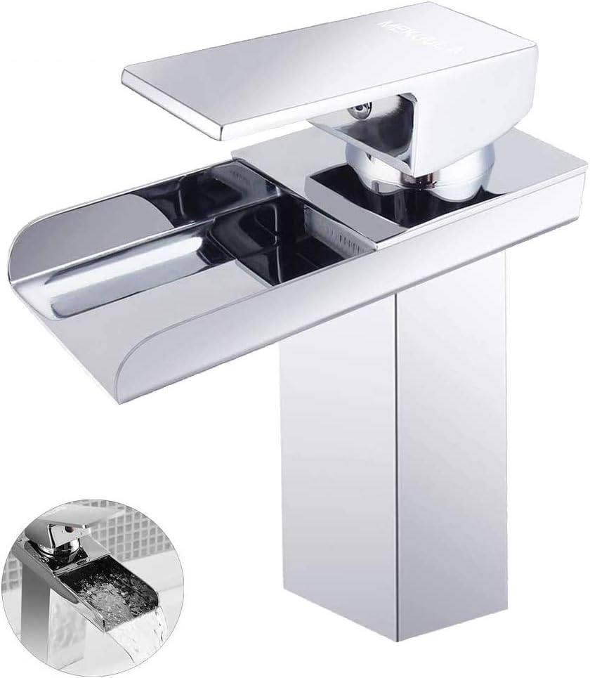 Bateria umywalkowa do łazienki, nowoczesny design, jednouchwytowa, wodospad, możliwość wyboru ciepłej i zimnej wody, chromowany mosiądz (wąż nie jest