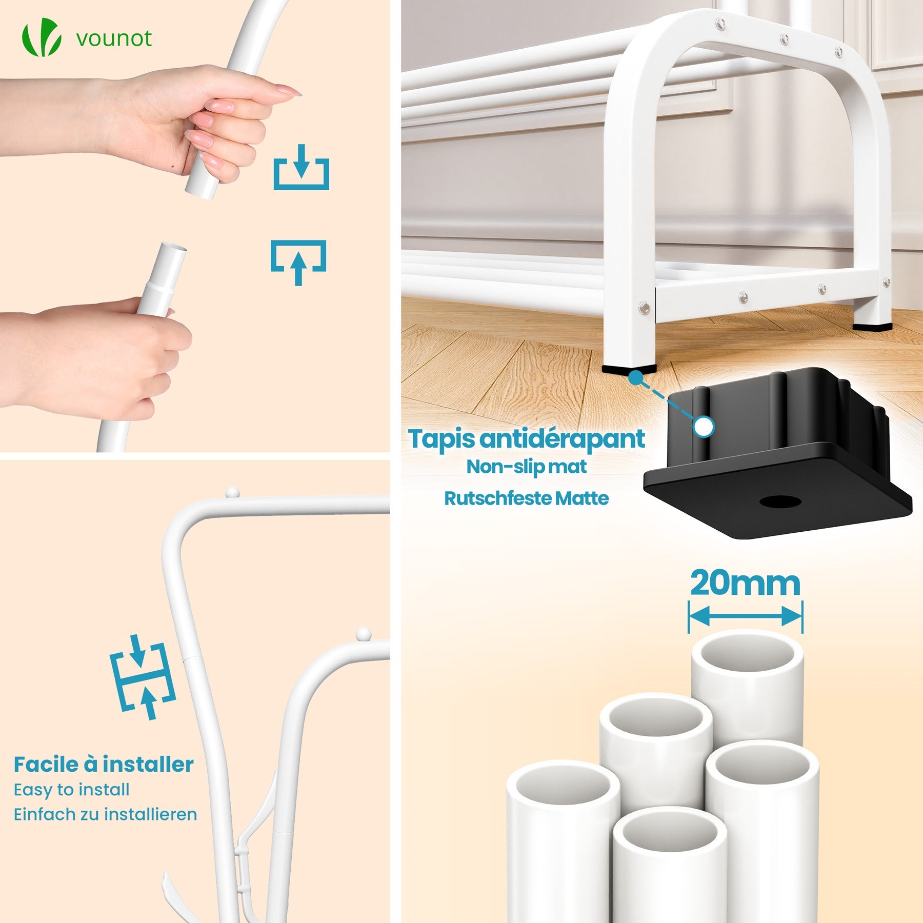 Portant a vetement double avec 2 niveaux etageres chaussures 4 Crochets Lateraux 110x35x146cm metal Blanc VOUNOT® - 7