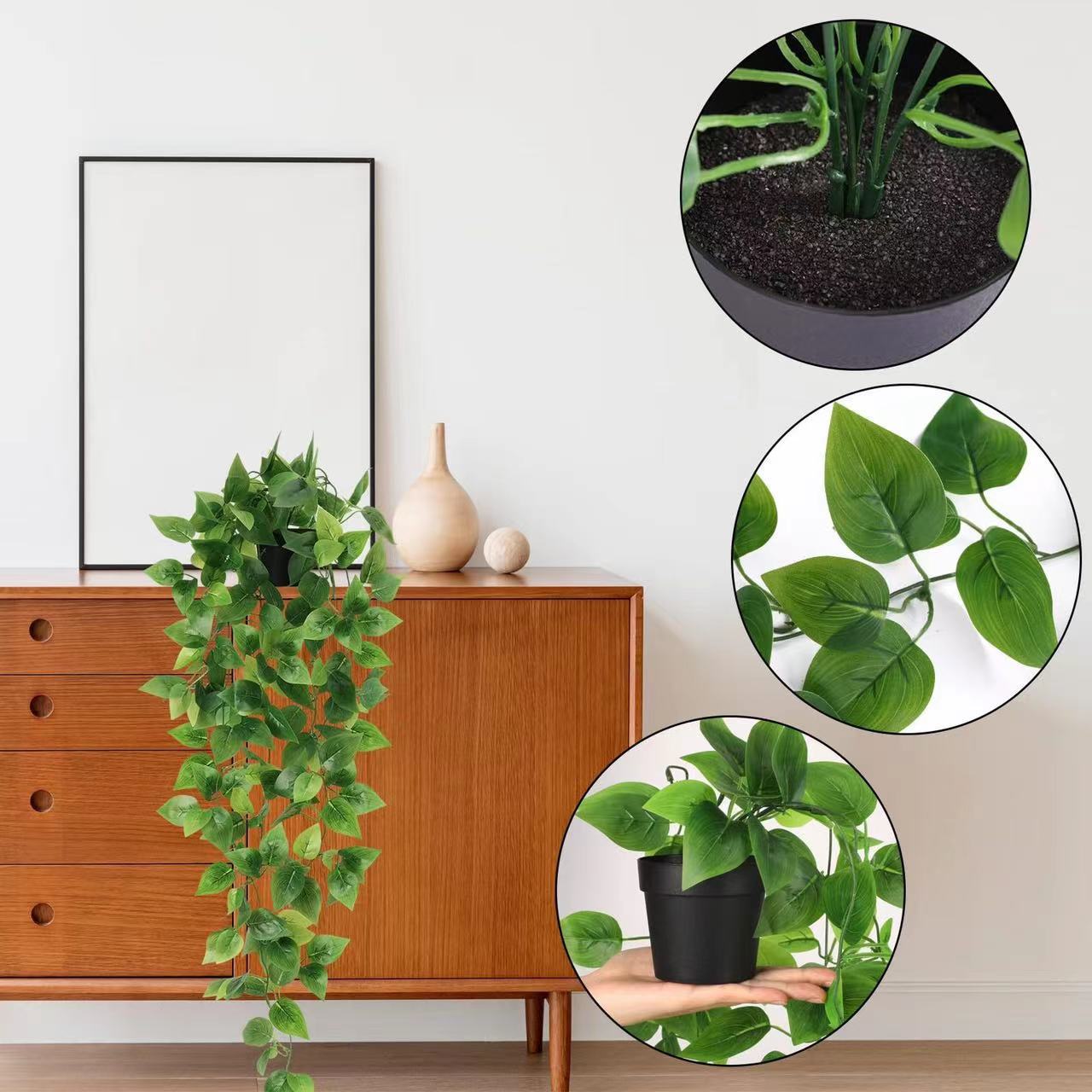 Ensemble de 4 plantes artificielles suspendues d'intérieur et d'extérieur, décoration de plantes vertes en pot, mandala, eucalyptus, pothos, pois - 4