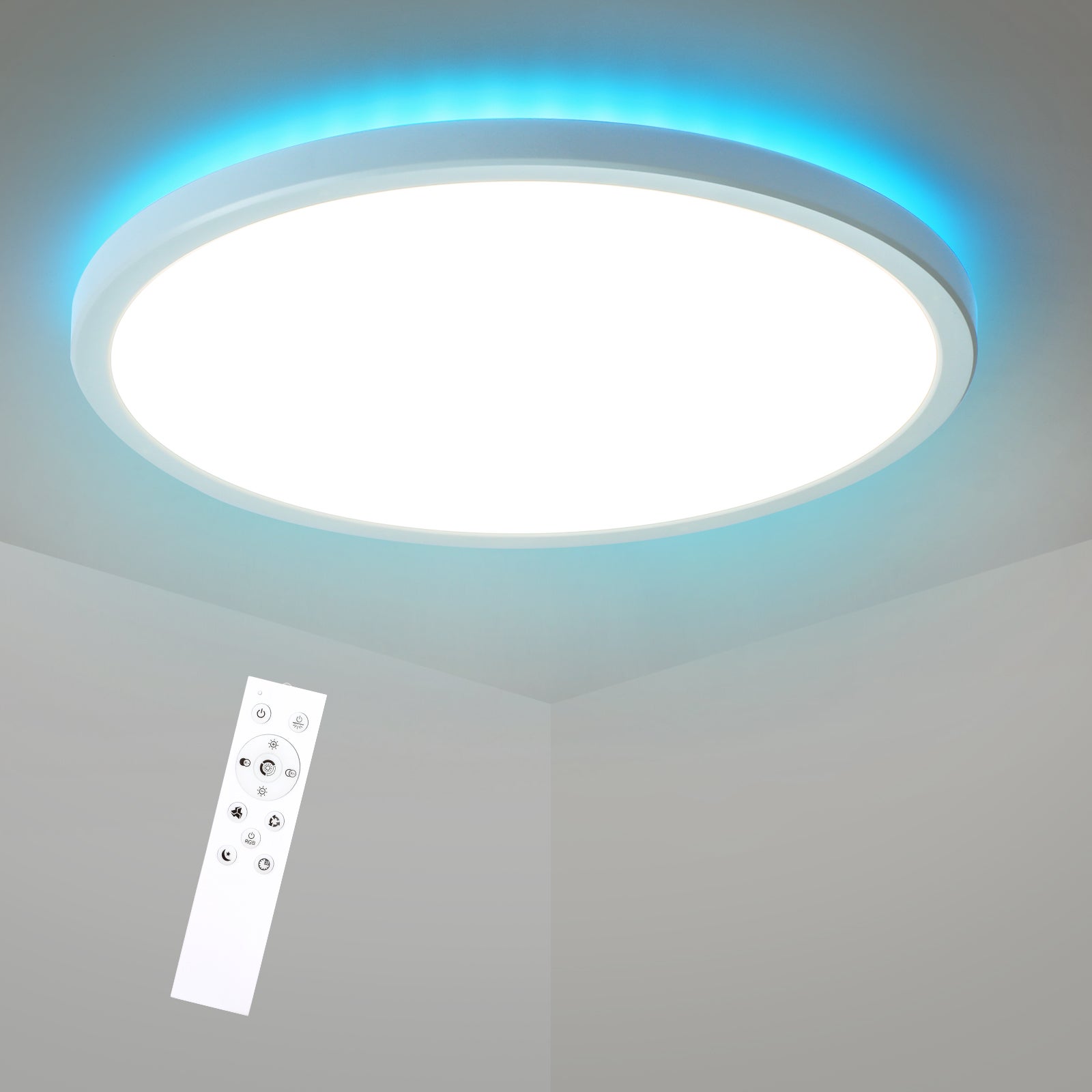 LOVHAUS Ściemnialna Lampa Sufitowa LED z Pilotem, 24 W Okrągła Lampa Sufitowa RGB Zmieniająca Kolor, 3000 K-6500 K