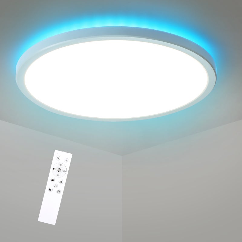 LOVHAUS Ściemnialna Lampa Sufitowa LED z Pilotem, 24 W Okrągła Lampa Sufitowa RGB Zmieniająca Kolor, 3000 K-6500 K