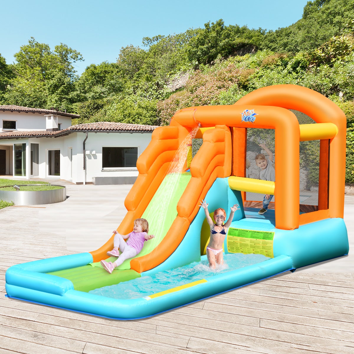 COSTWAY Piscine gonflable avec toboggan gonflable - Avec toboggan - Parc aquatique gonflable - 478 x 366 x 242 cm (château gonflable avec ventilateur