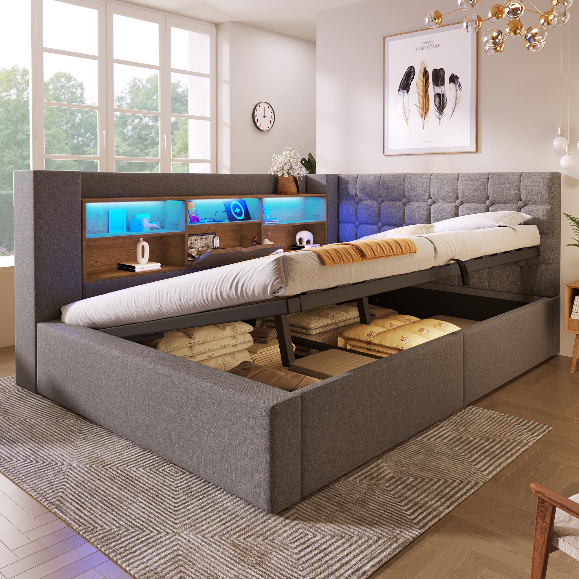 Canapé-lit coffre 140x200cm - avec LED et port de chargement - avec sommier à lattes - tissu de lin - gris - 2