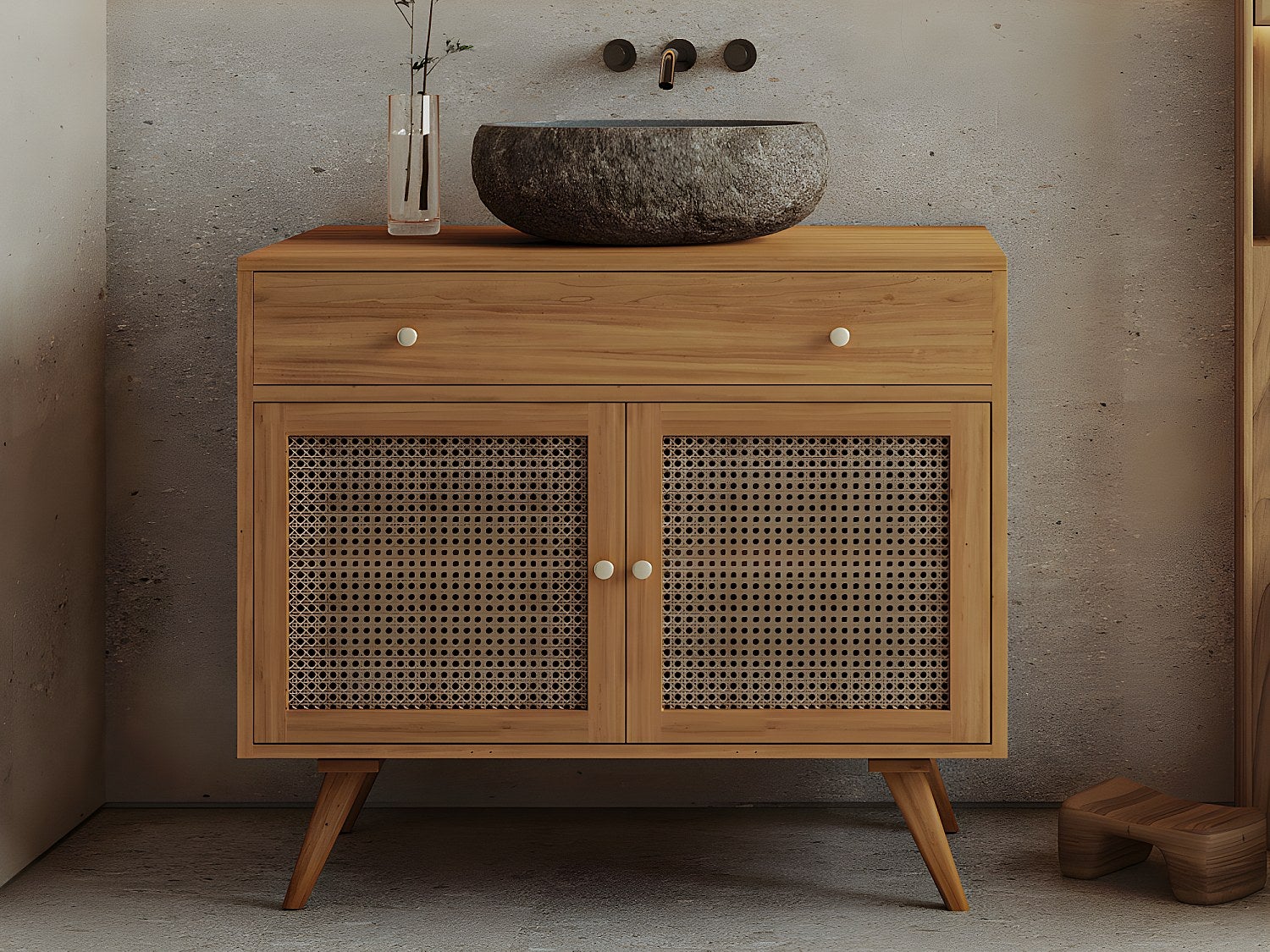 Szafka łazienkowa z jasnego drewna tekowego z plecionką i umywalką kamienną - 90 cm - MANSULAN