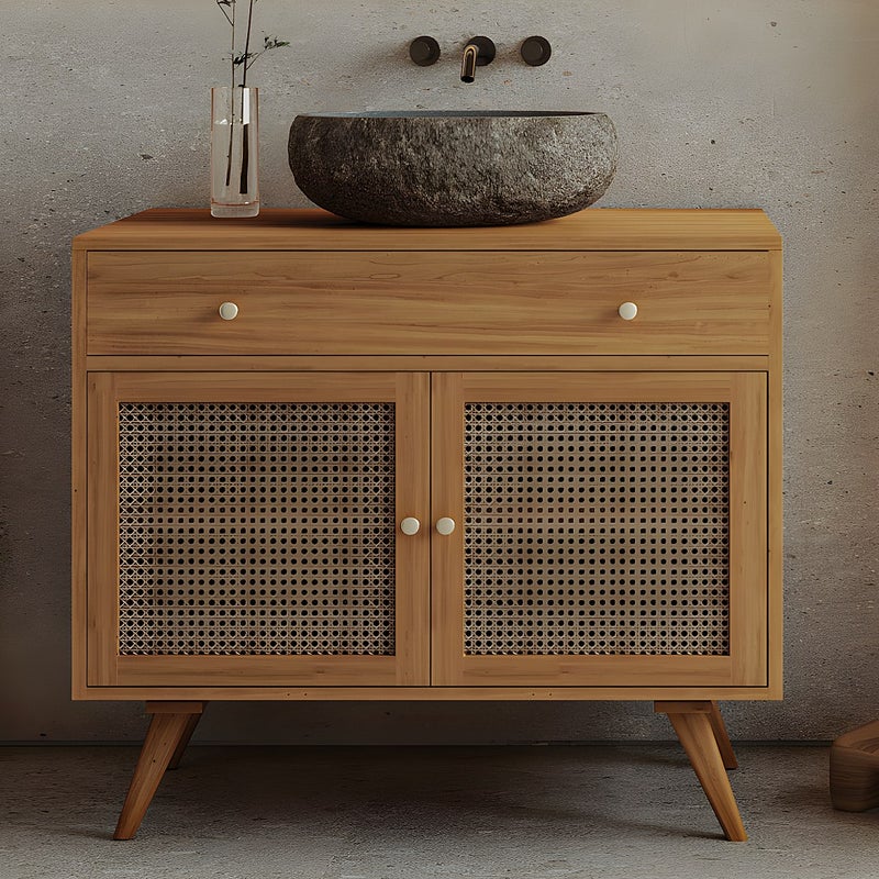 Szafka łazienkowa z jasnego drewna tekowego z plecionką i umywalką kamienną - 90 cm - MANSULAN
