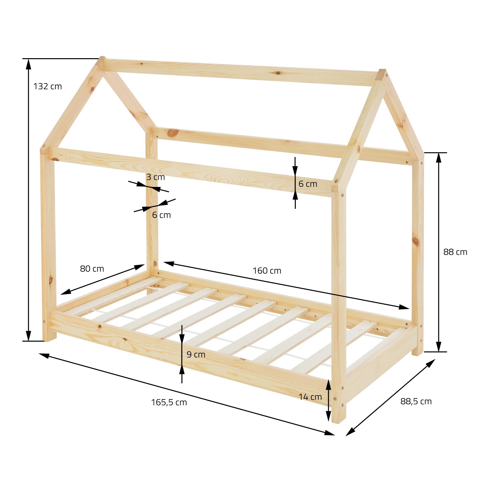 Lit cabane enfant 80x160 cm naturel bois de pin massif avec matelas, toit et sommier à lattes, couchage au sol maisonnette chambre - 9