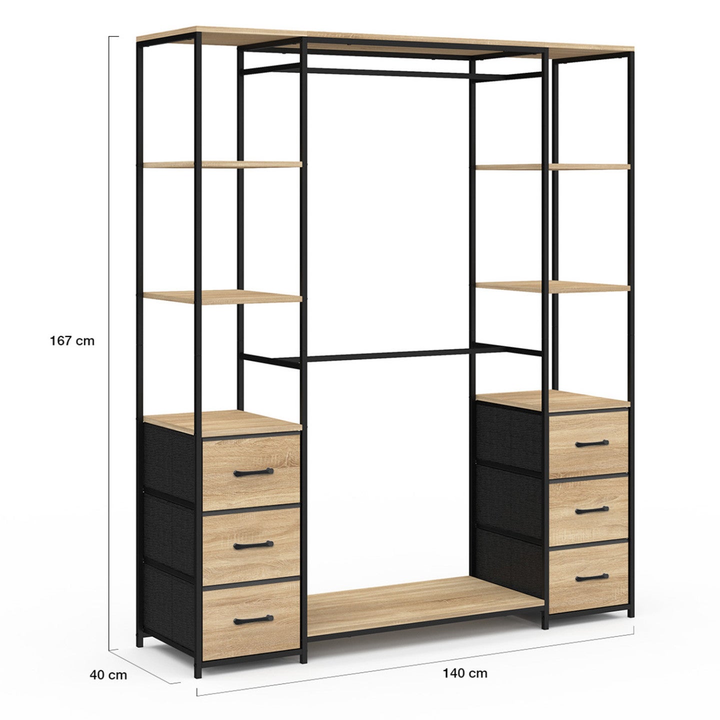 Dressing double penderie + double colonne L. 140 cm UTAH avec 6 étagères et 6 bacs en tissu bois et noir - 4
