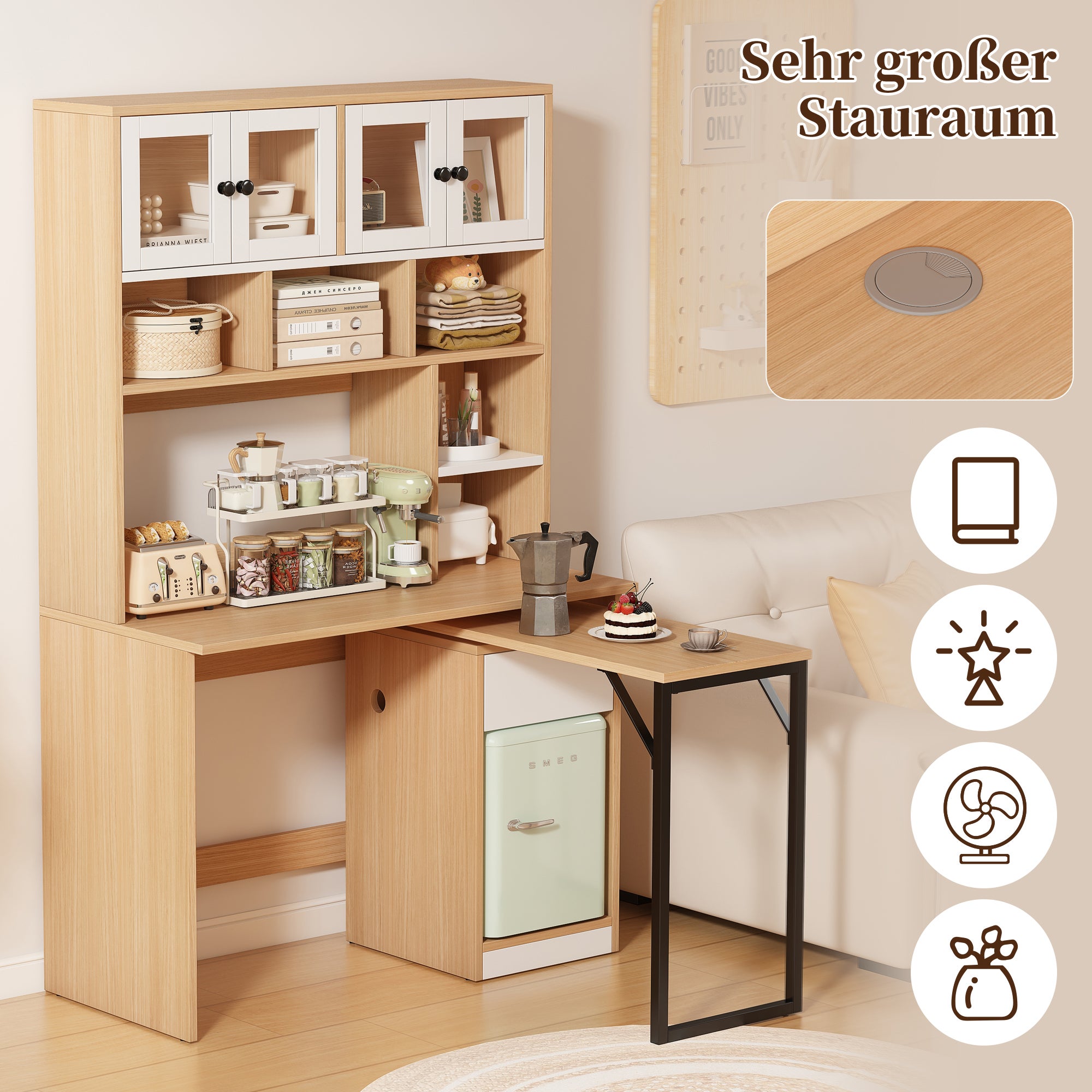 Bureau extensible d'ordinateur avec 1 tiroir, 4 portes et bibliothèque - 110 x 55 x 180 cm - bois MDF - naturel + blanc - 8
