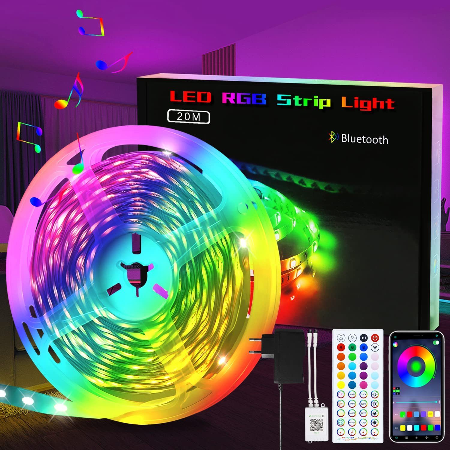 NETTLIFE 20-metrowa samoprzylepna taśma świetlna LED RGB ze sterowaniem za pomocą aplikacji i funkcją timera do sali muzycznej