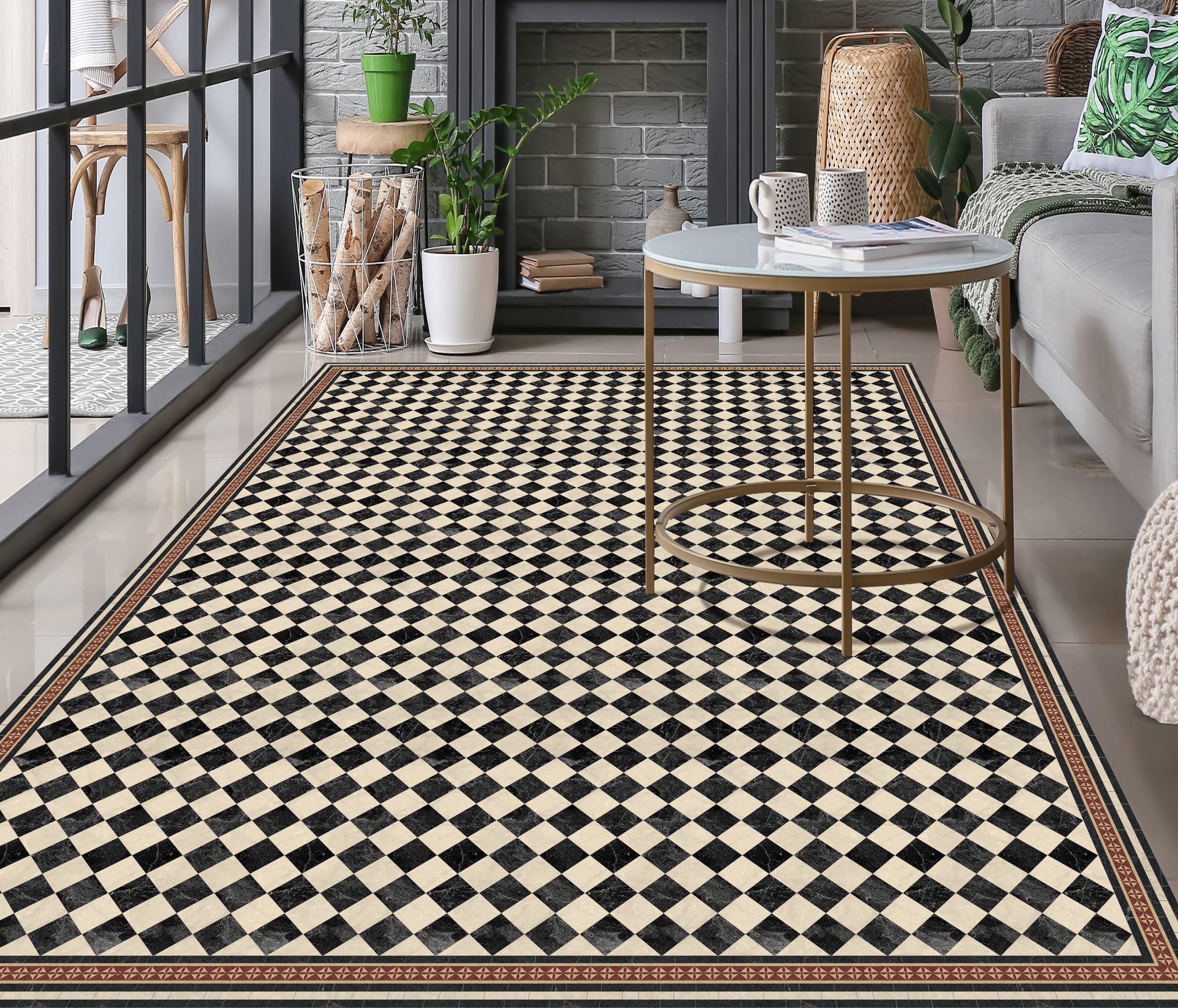 Tapis antidérapant en vinyle Scacchi 200x300 cm - PVC imprimé, lavable, ignifuge, pour le salon ou la cuisine, style hydraulique - 3