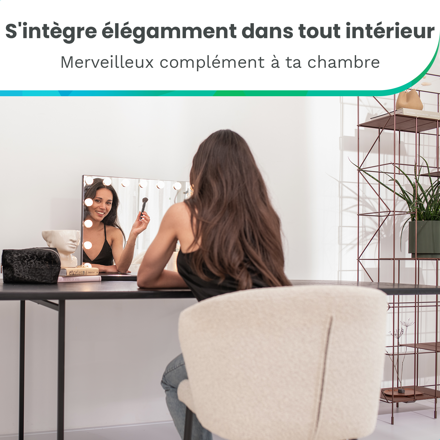 Miroir de maquillage Mirlux Hollywood 80x60 cm - 2 haut-parleurs Bluetooth - Ports de chargement USB et USB-C - Blanc - 10
