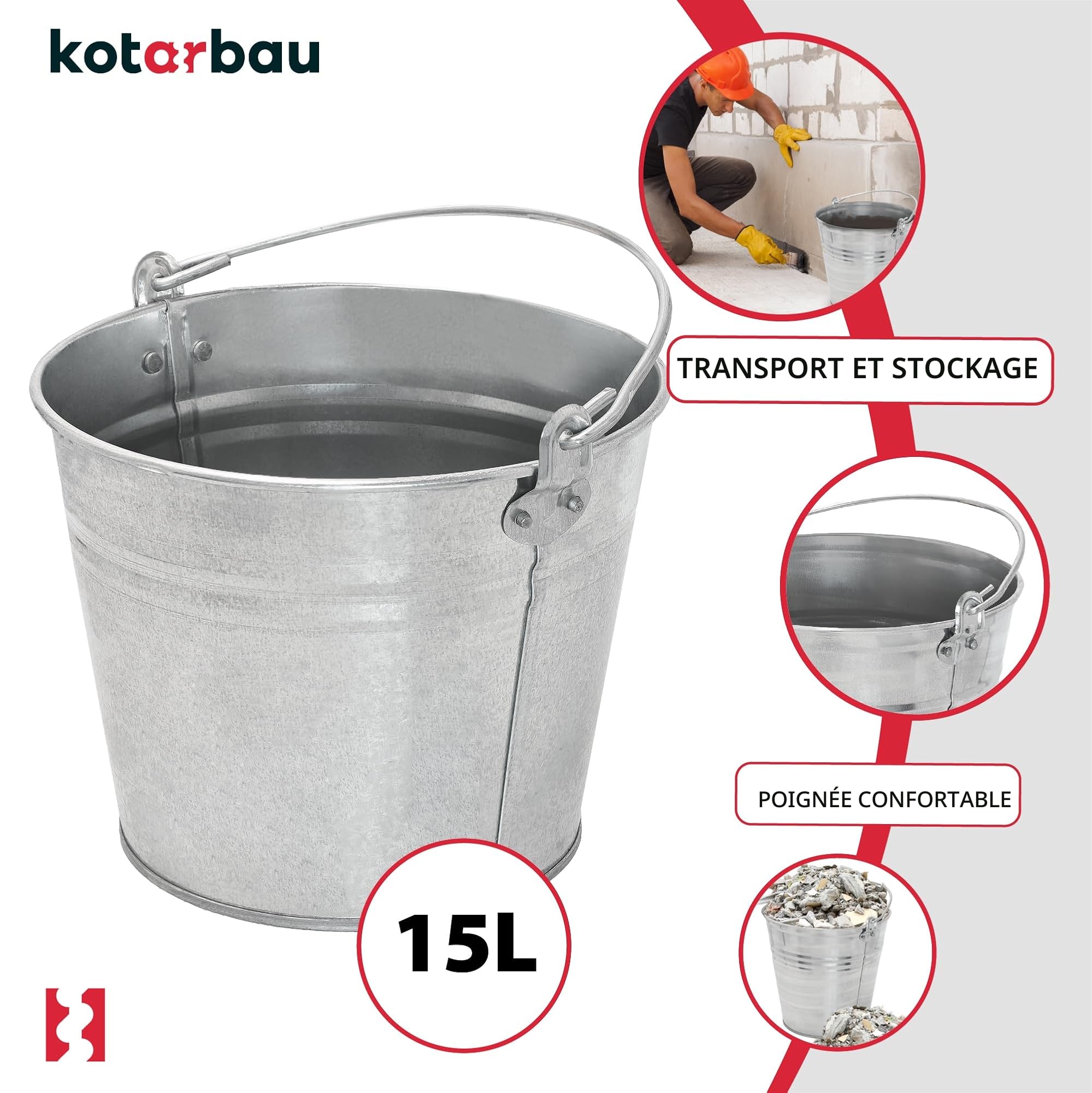 Seau à Cendre - Seau De Maçon - Acier Galvanisé - 15 L - Argent - pour le Jardinage - Résistant à la Rouille - Polyvalent KOTARBAU - 5
