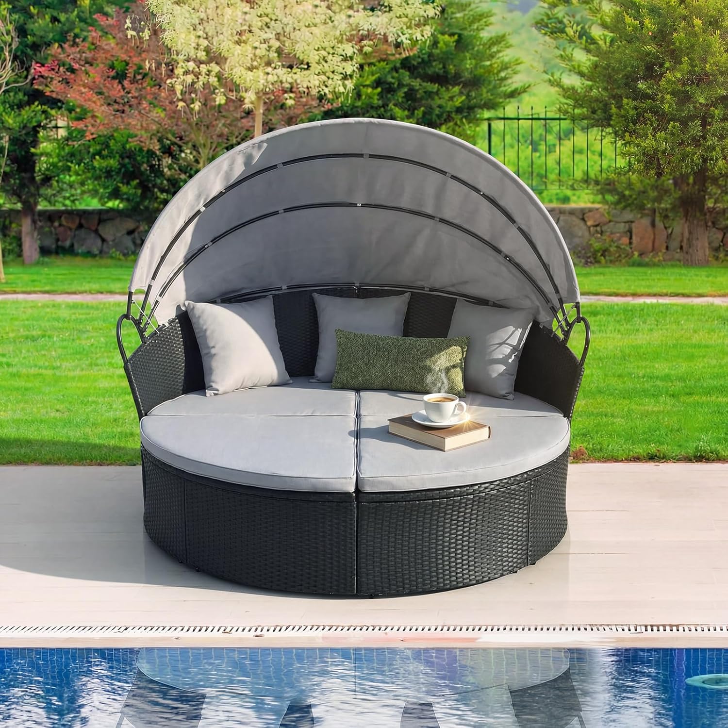 GIANTEX Lit de Jardin Rond en Rotin PE avec Auvent Rétractable, avec Coussins et Oreillers Amovibles Charge 360KG,pour Jardin Porche,Gris - 9