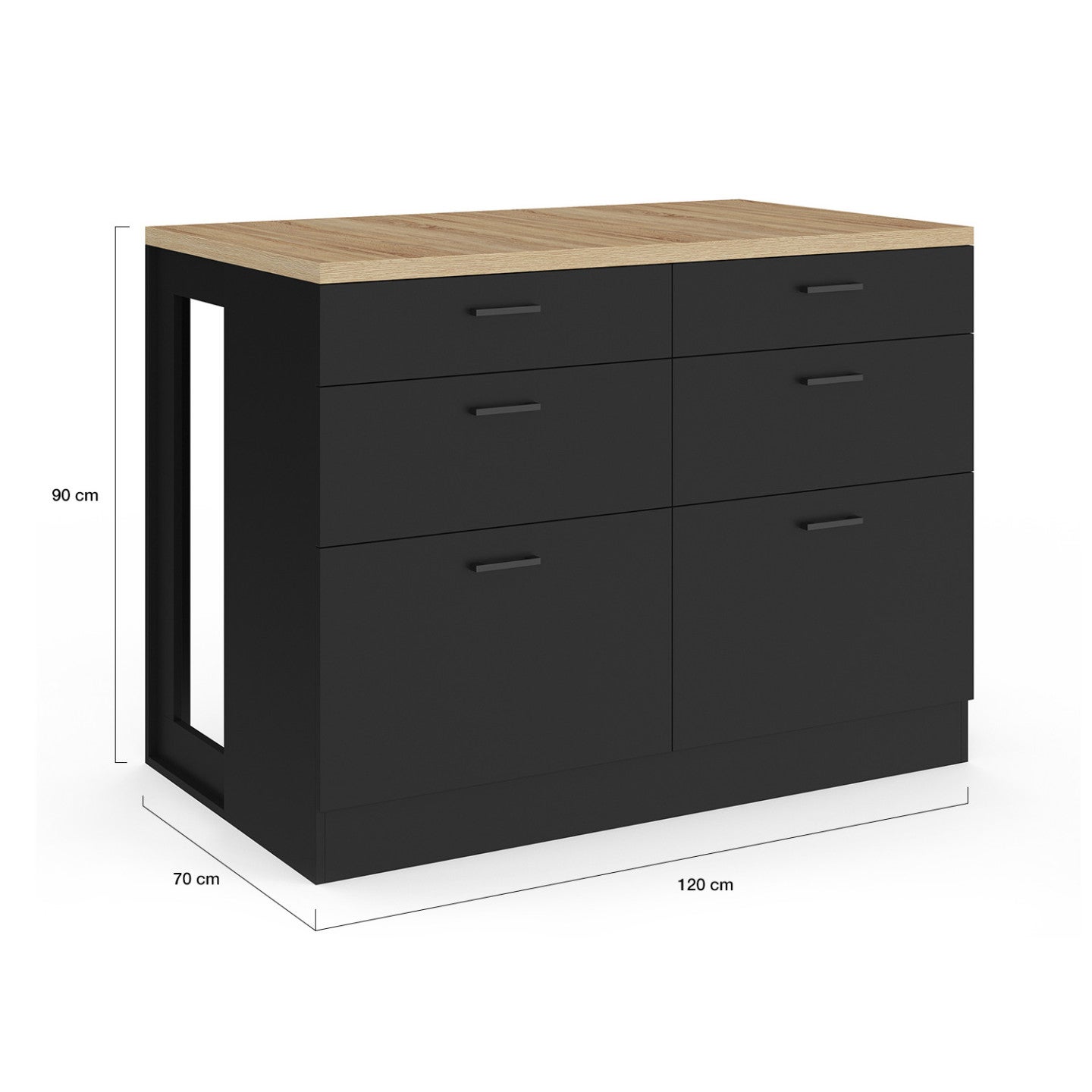 Ilot central mange-debout ORSO 120 cm casserolier 6 tiroirs noir avec plan de travail façon hêtre - 5