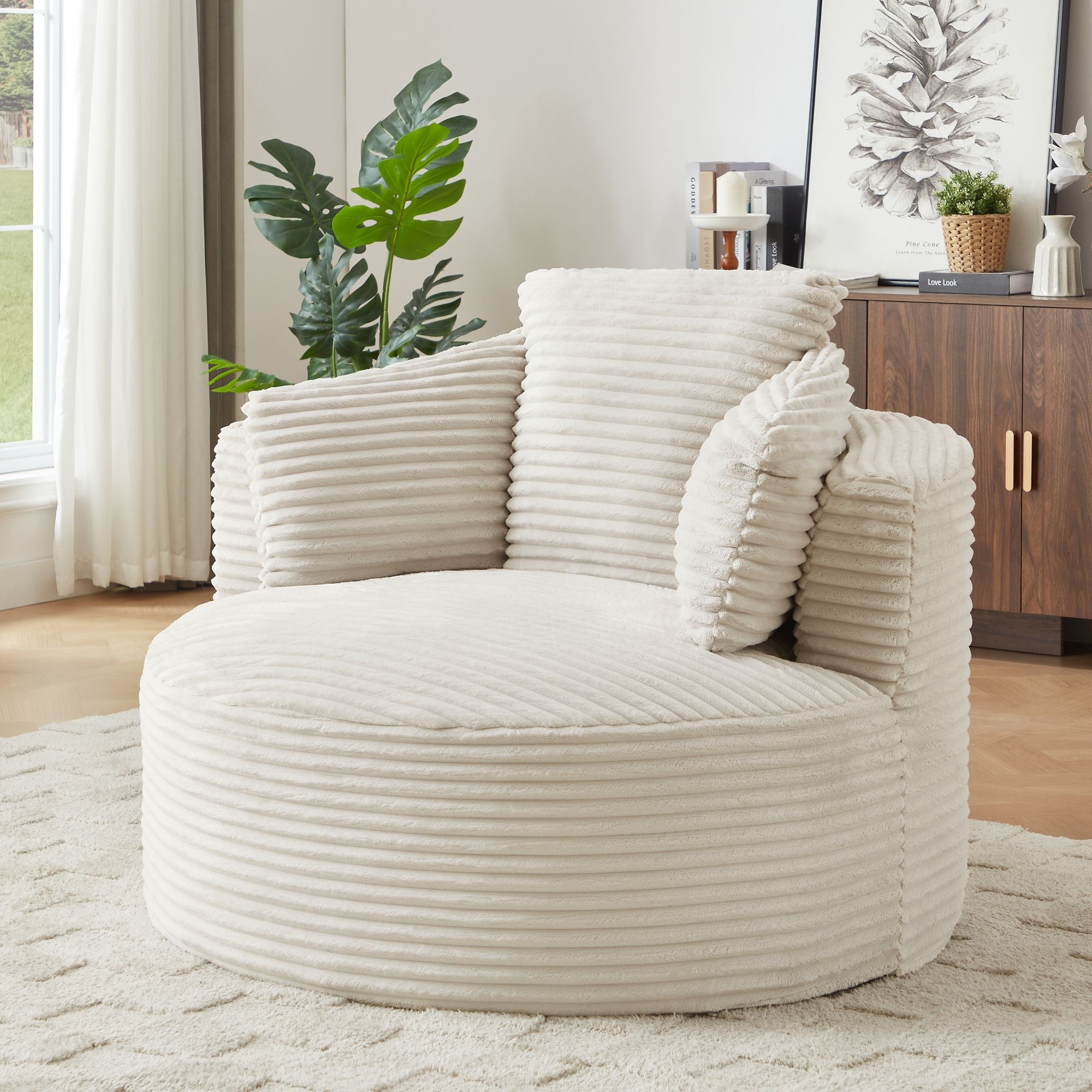 Canapé Velours Côtelé Beige 124x113x86 cm, Chaise lounge confortable Rond Compressible, Fauteuil Lounge Dossier Rembourré, Canapé d'Angle Moderne - 2