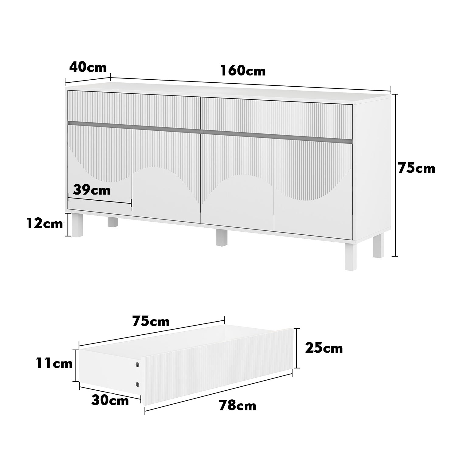Buffet moderne-CALDION-Buffet sculpté avec 2 Tiroirs et 4 Portes, Pieds Hauts, 160x40x75, Blanc - 3