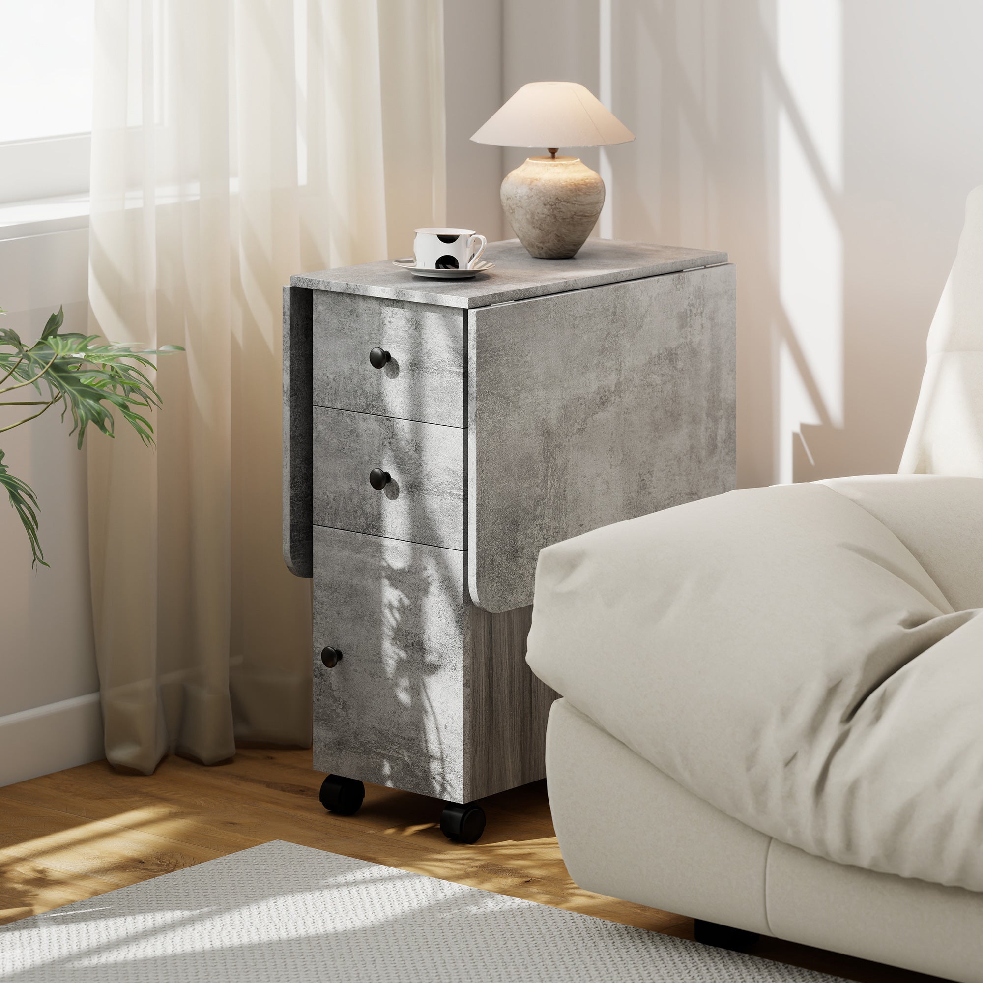 HOMCOM Tavolo Pieghevole con 2 Cassetti e Armadietto, 6 Rotelle e Freni, 120x60x76.5 cm, Grigio Legno e Roccia - 9