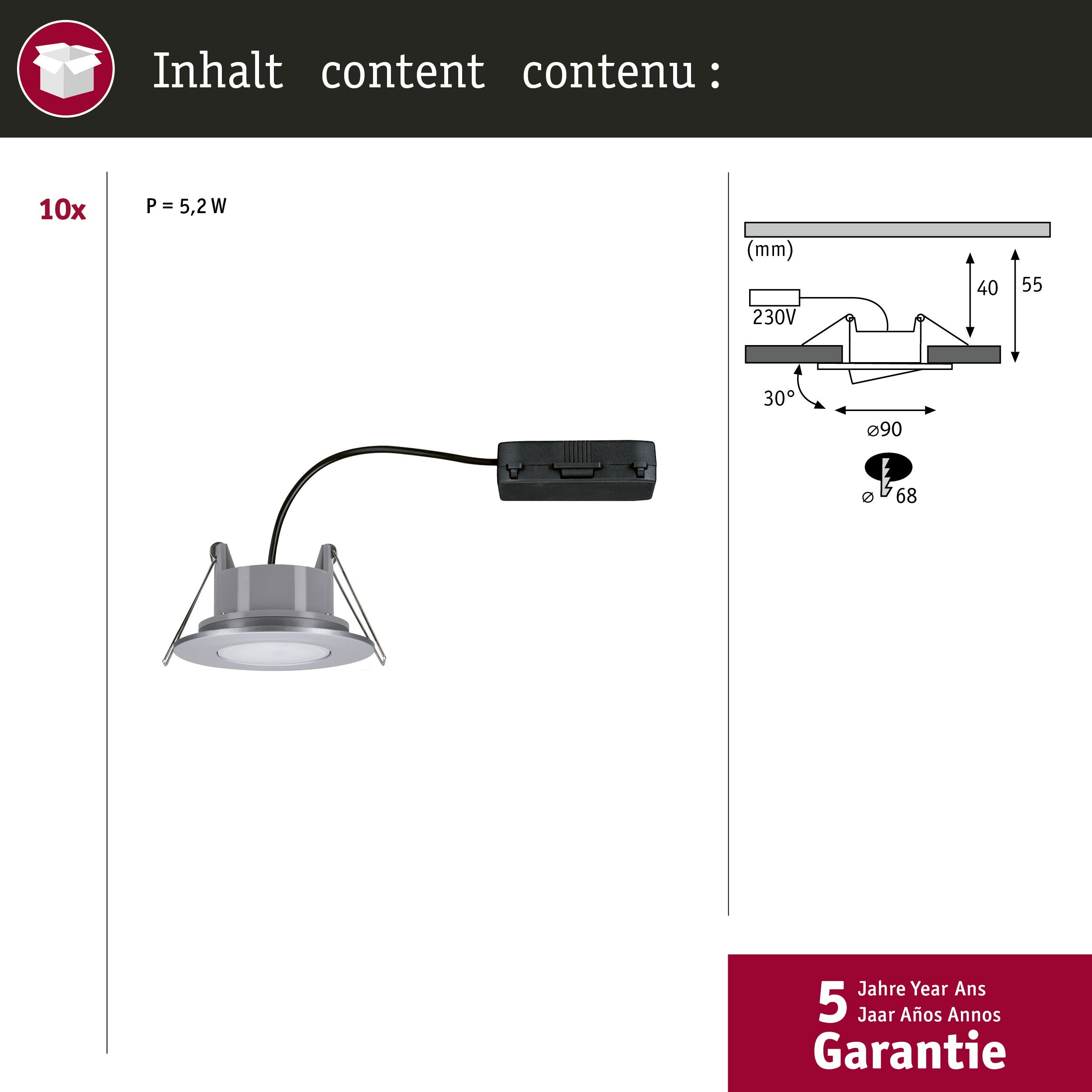 Spot encastré LED Calla Kit de base orientable IP65 rond 90 mm 30° 10x5,2W 10x460lm 230V gradable 4000K Chrome mat - 4
