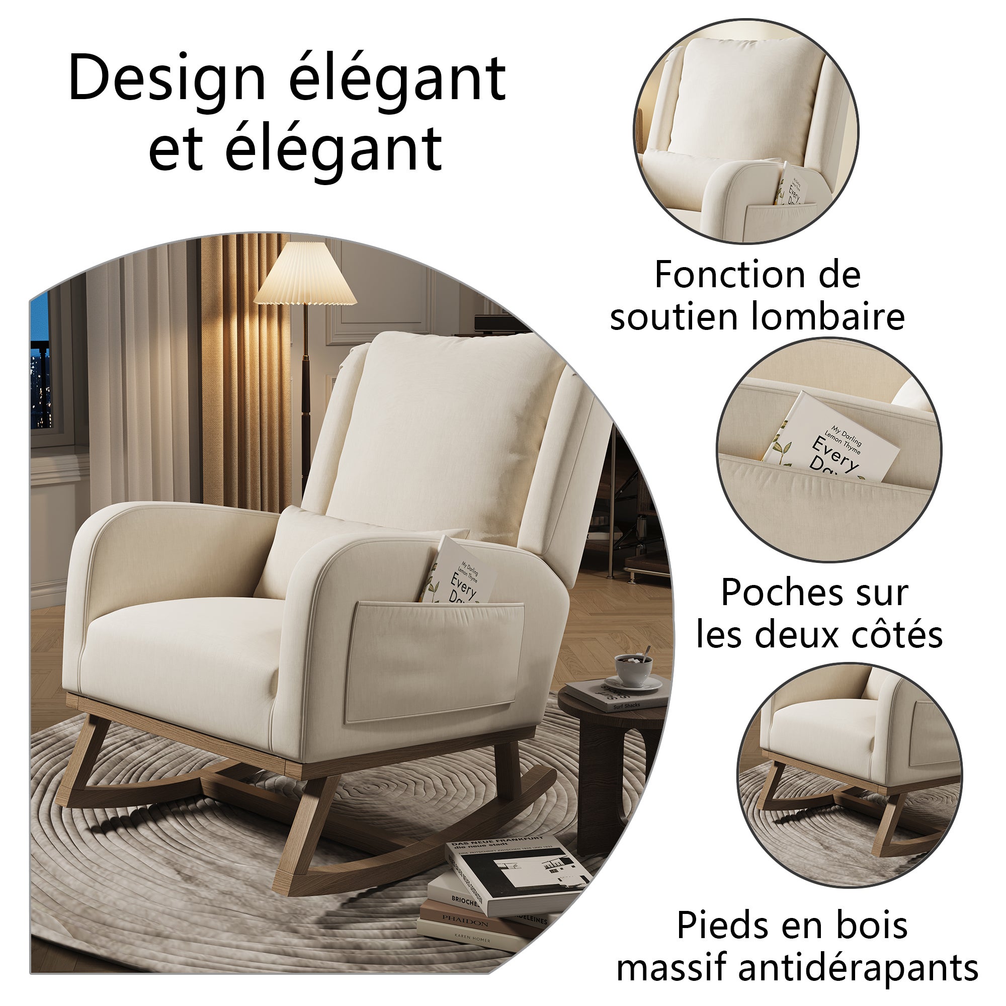 Rocking chair, avec poche latérale, dossier haut, coussin lombaire, accoudoirs, cadre en bois, fauteuil à bascule pour l'allaitement - Beige - 9