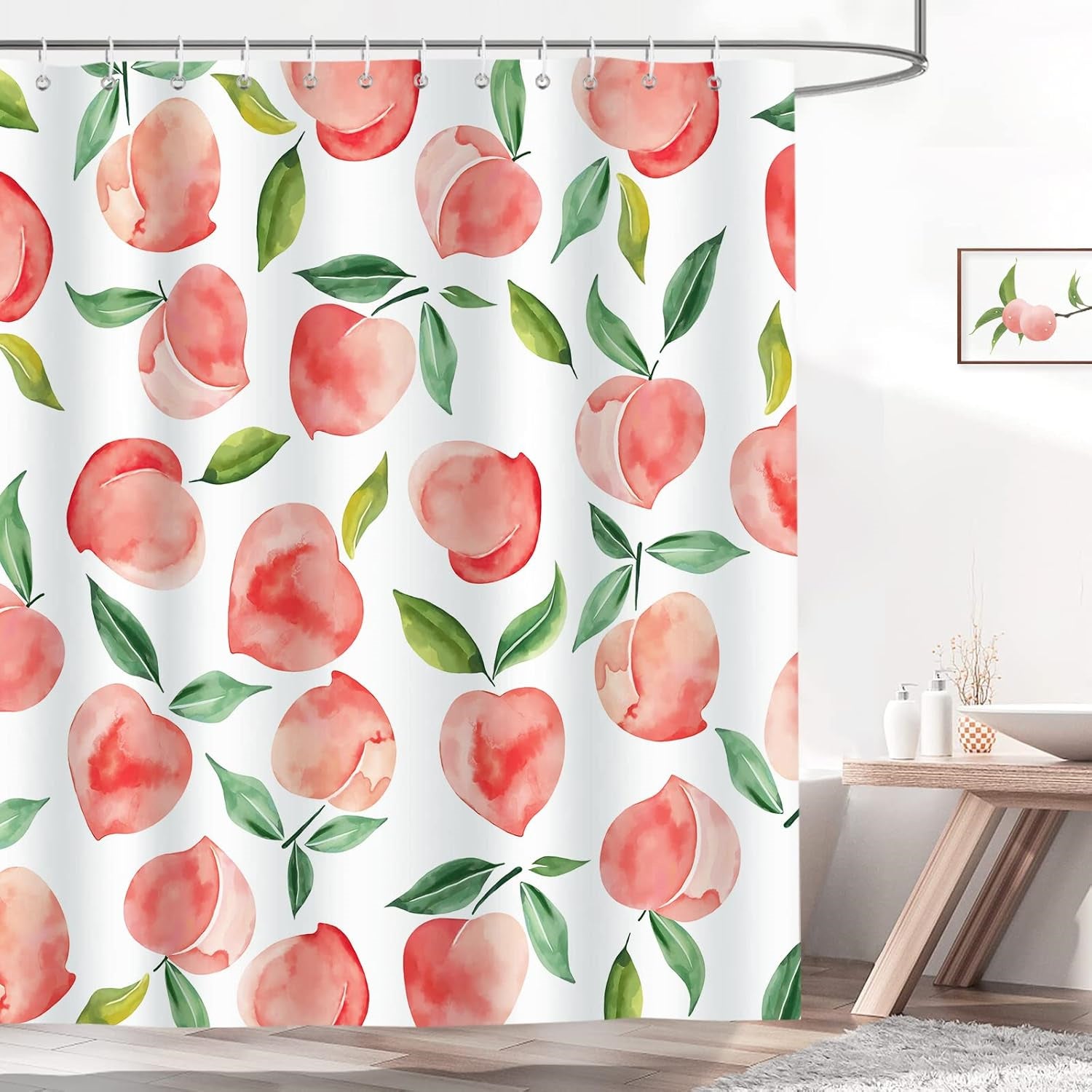 Zasłona prysznicowa Peach Fruit Green Leaves Zasłony prysznicowe 180 x 180 cm Zasłona łazienkowa z 12 haczykami