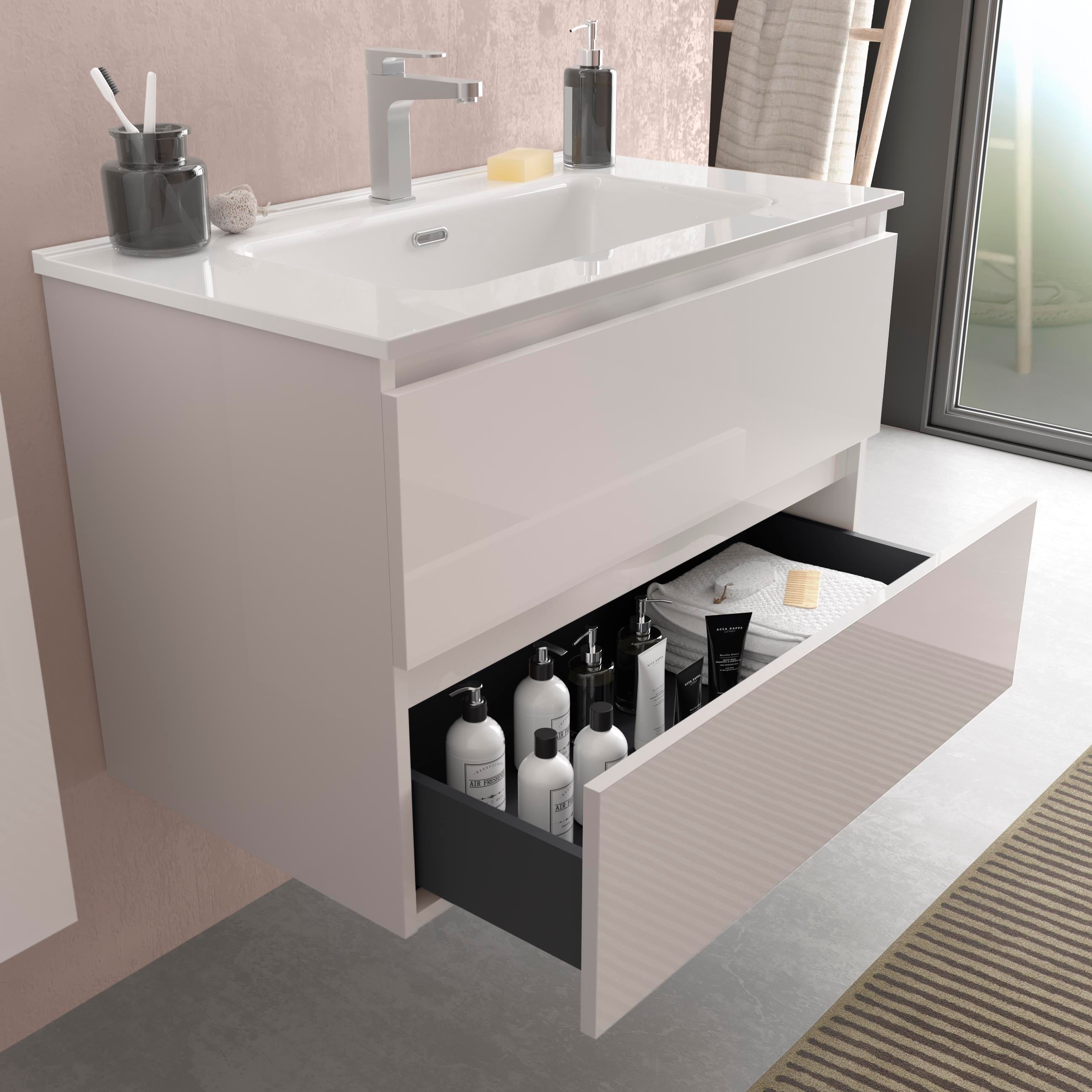 Meuble de salle de bain BEQUIA 100cm blanc brillant | Vasque Porcelaine Centrale - 2