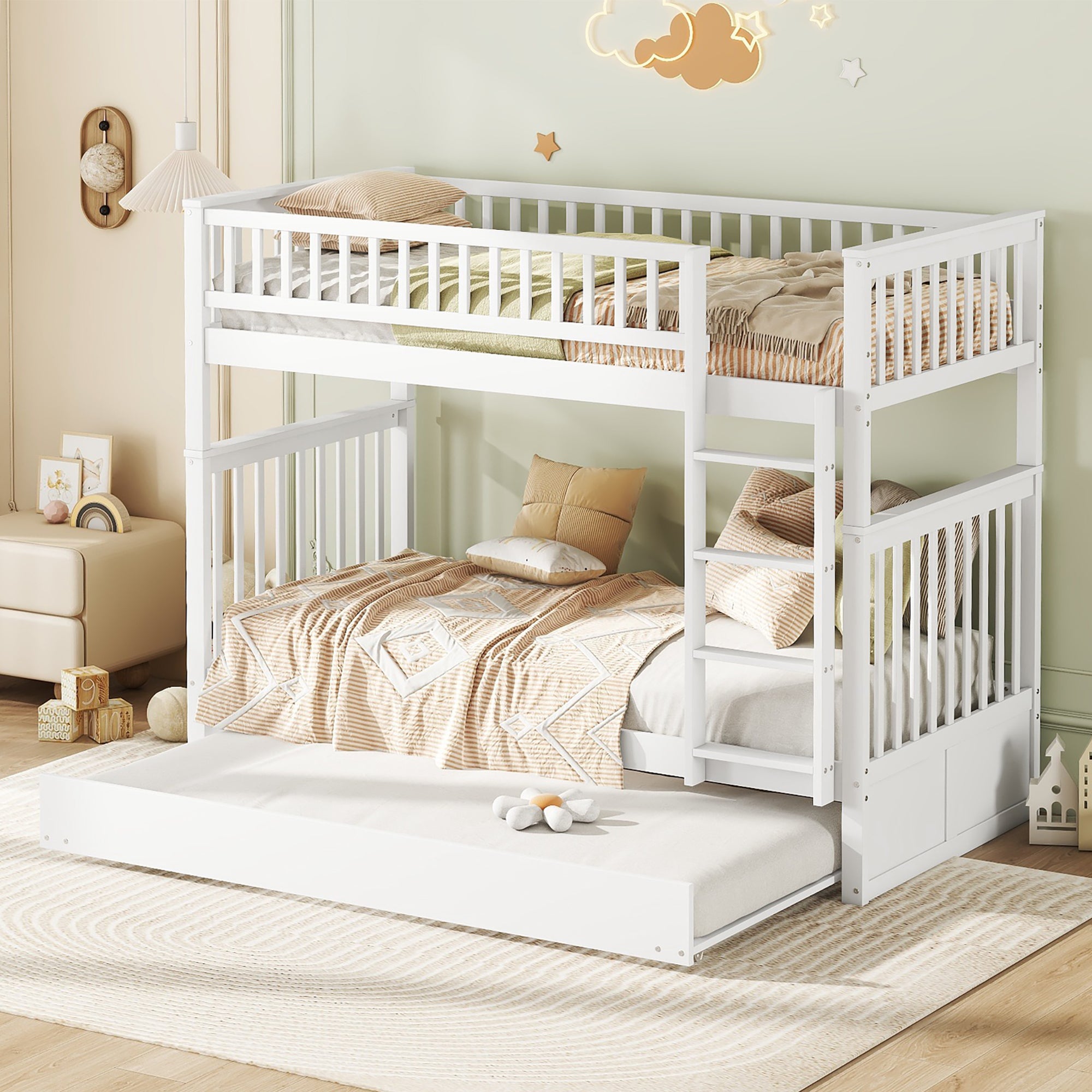 Lit Superposé Triple OOIILLEE 90x200 Cm – 3 Places En Bois Massif – Échelle Latérale – Pour Enfants Et Ados – Blanc - 2