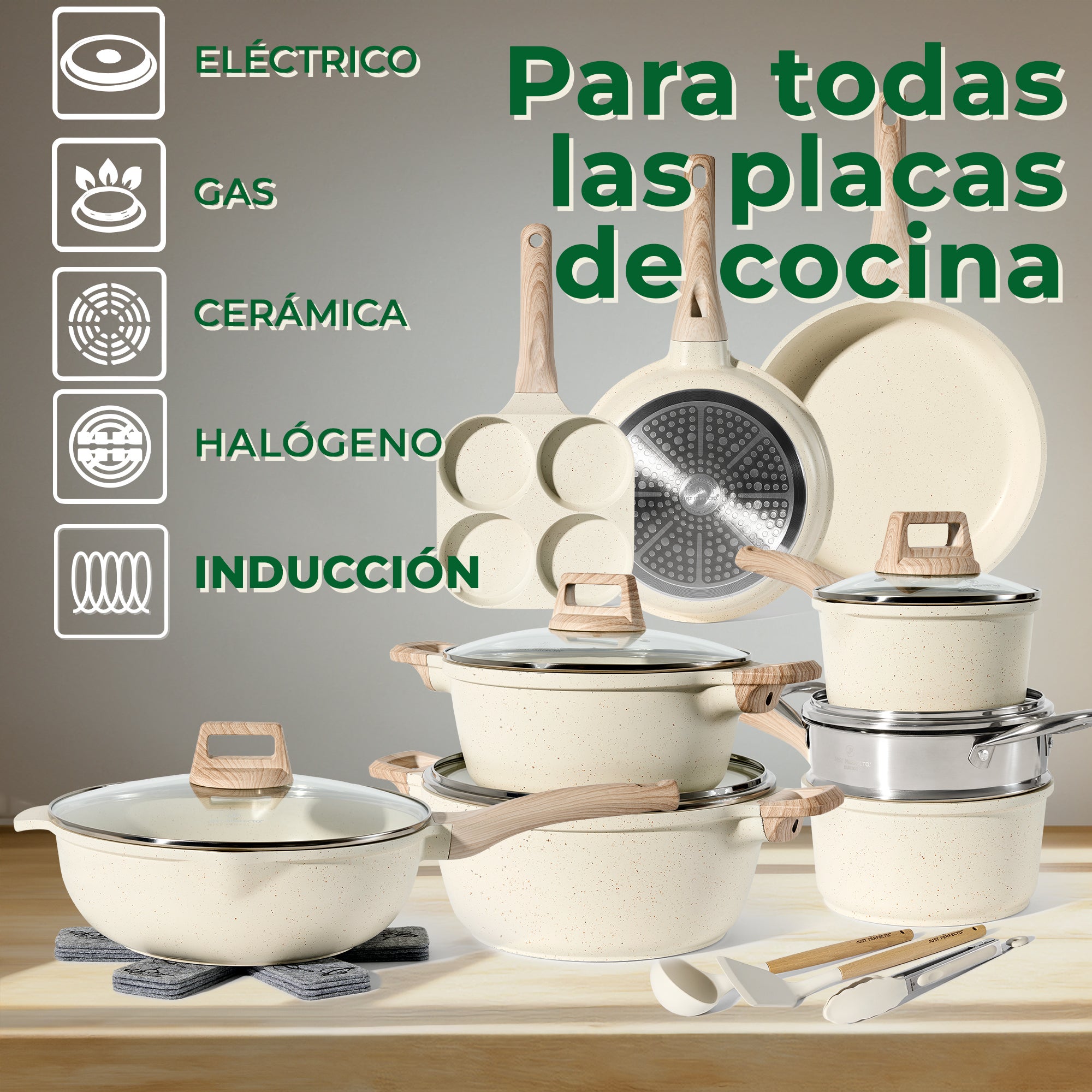Just Perfecto 21 ollas y sartenes de inducción - Juego de ollas y sartenes con tapa para todas las fuentes de calor - Ollas sin PFOA - PFAS - 2
