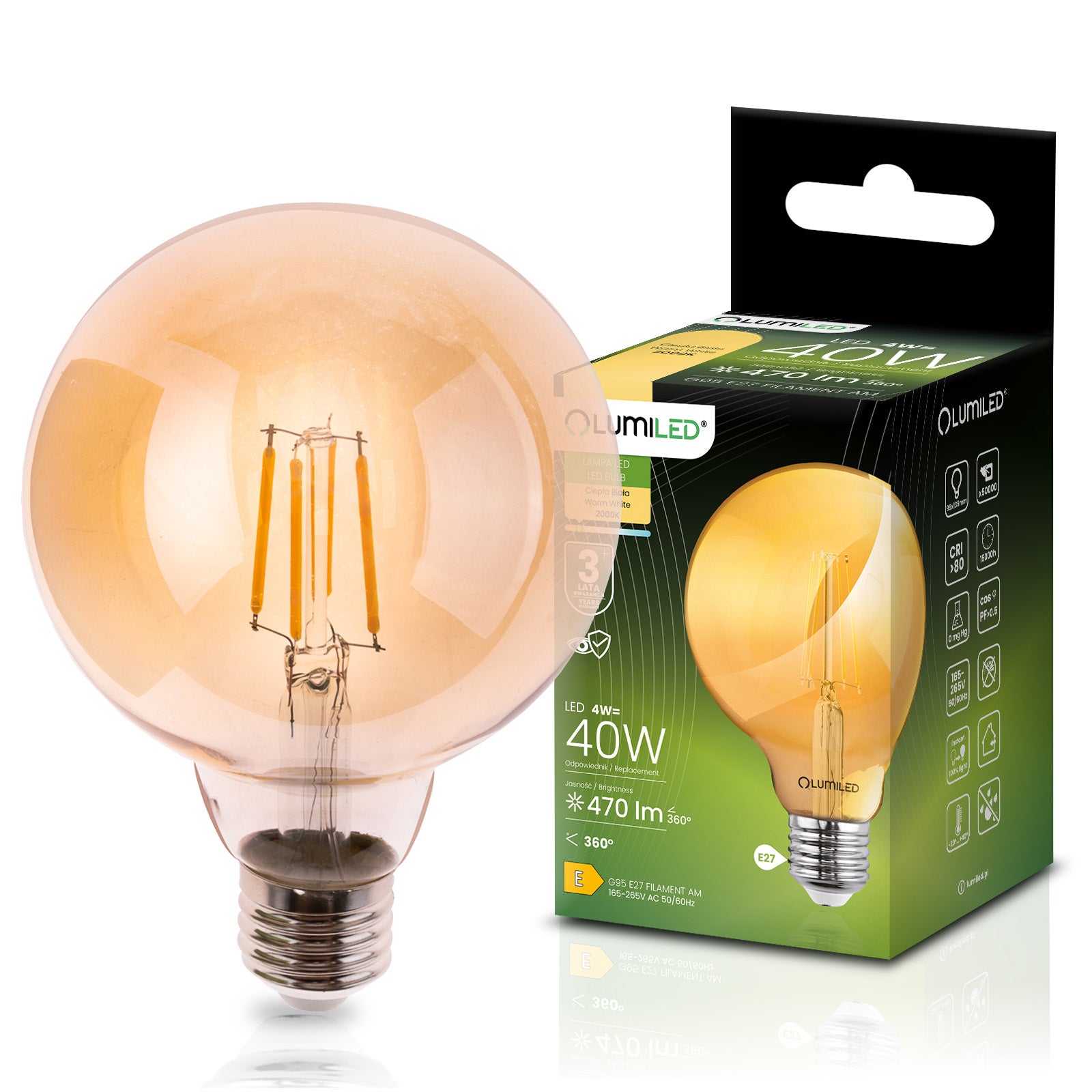 Żarówka LED Lumiled E27 Kula G95 4W 470LM 2000K Ciepła 360st Bursztynowa Filament 1 szt.