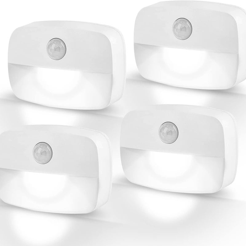 Lampki nocne LED z czujnikiem ruchu, zestaw 4 szt., oświetlenie wewnętrzne do korytarzy, szaf i pokoi dziecięcych, światło białe chłodne