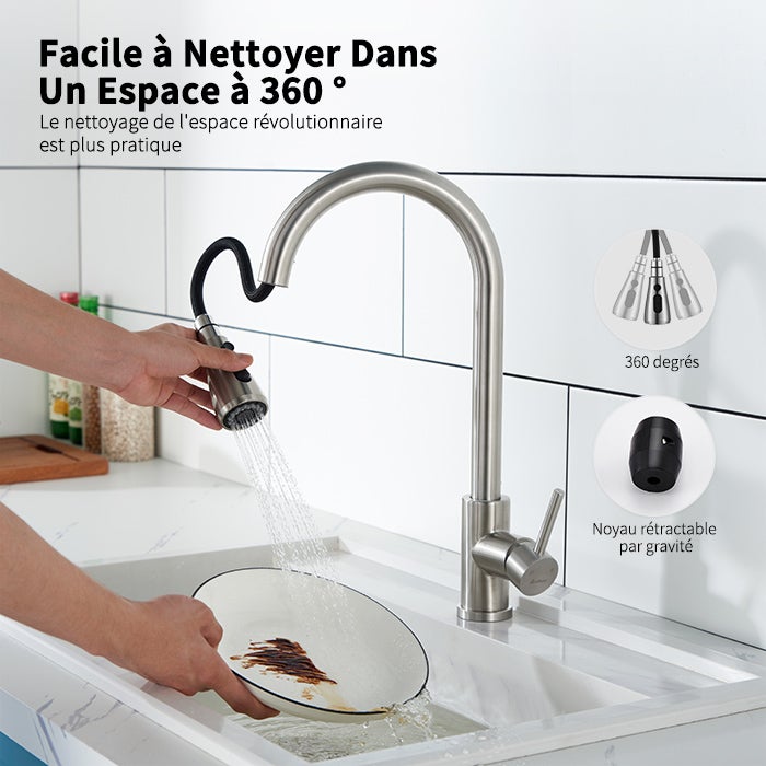 Robinet de Cuisine avec Douchette Extractible Mitigeur Cuisine Brossé en Acier Inox Robinet d'évier pour Cuisine Rotatif à 360° avec 3 Modes - 2