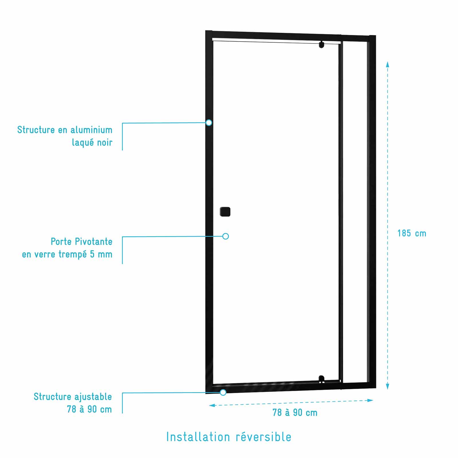 Porta doccia Pivotante Nera 80-90x185 cm - Estensibile da 78 a 90 cm - BLACK SLIDE 80 90 - 4