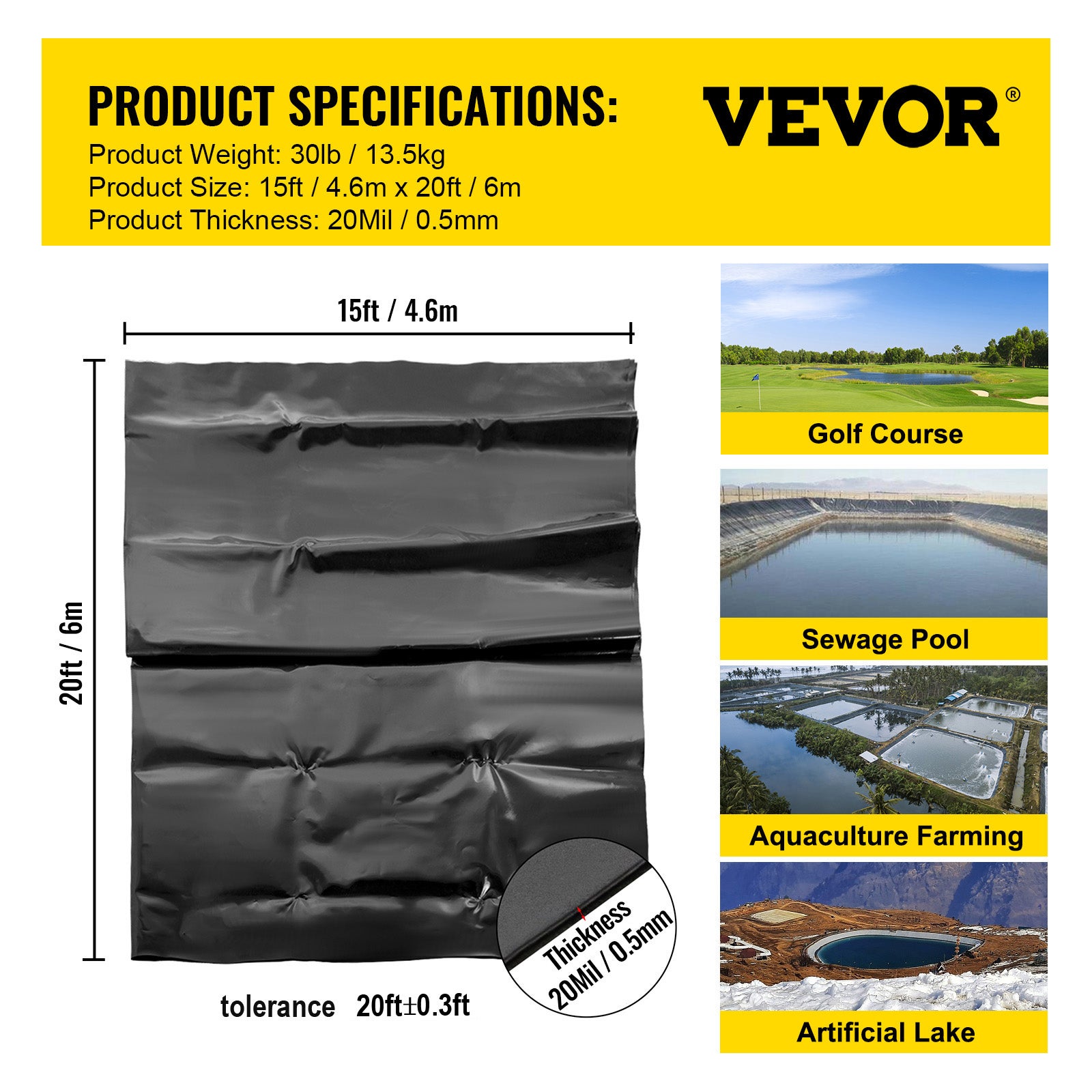 Revêtement d'étang LLDPE VEVOR 4,5 x 6,1 m,revêtement d'étang 20 mil 0,5 mm,revêtement d'étang à poissons étanche anti-fuite résistance flexibilité - 7