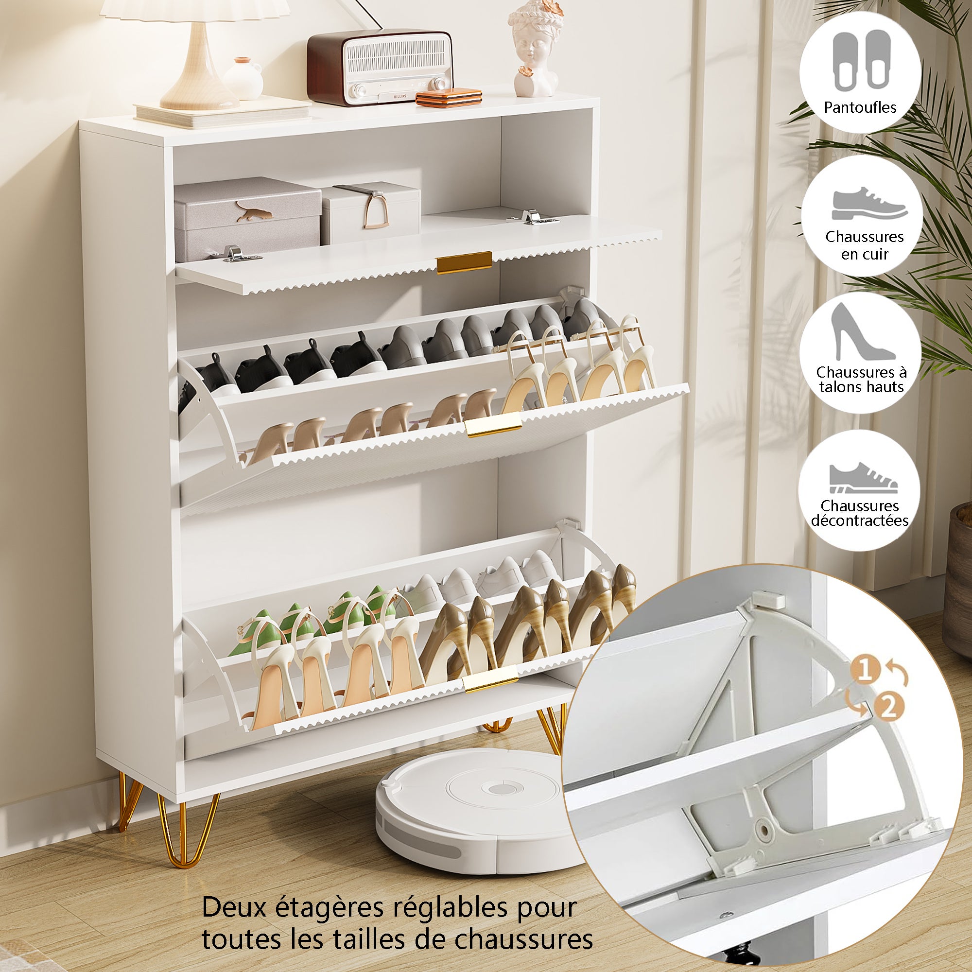 Meuble à Chaussures Étroit avec 2 Battants, Armoire à chaussures avec Étagères Réglables Meuble de Rangement à Chaussures avec Tiroir, Blanc - 3
