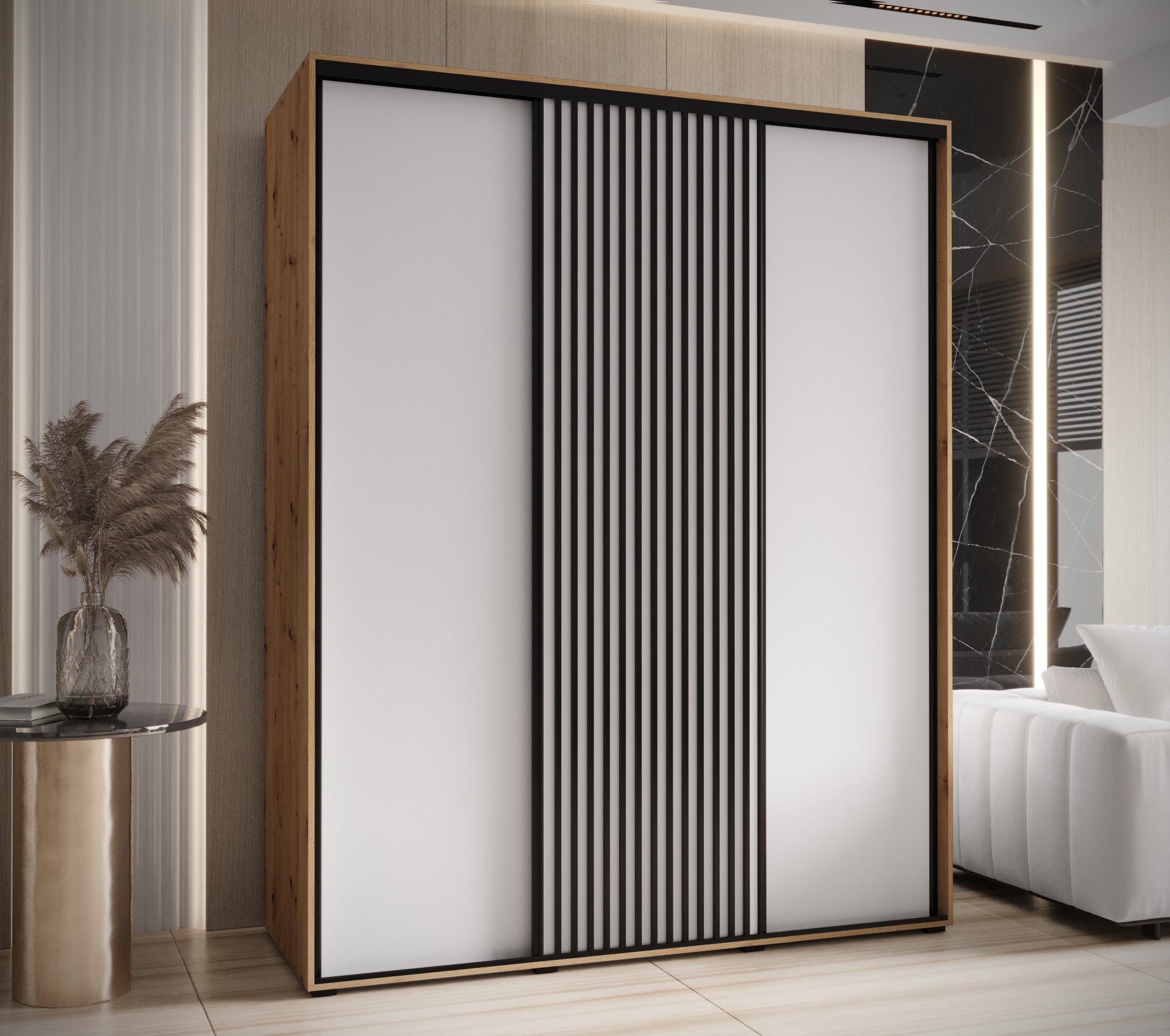 Szafa przesuwna wysoka Lanko 1 200 x 60 x 235,2 cm artisan + biały + lamele czarny - Abiks Meble - 2