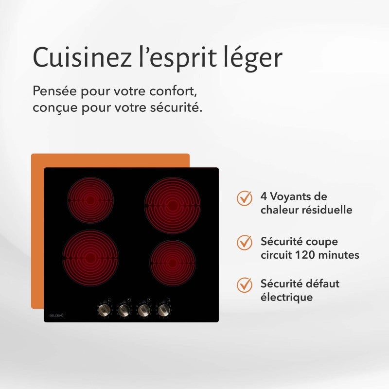 BELDEKO - Plaque de Cuisson Vitrocéramique 4 Foyers Encastrable avec Boutons de contrôle - 6000W - 4