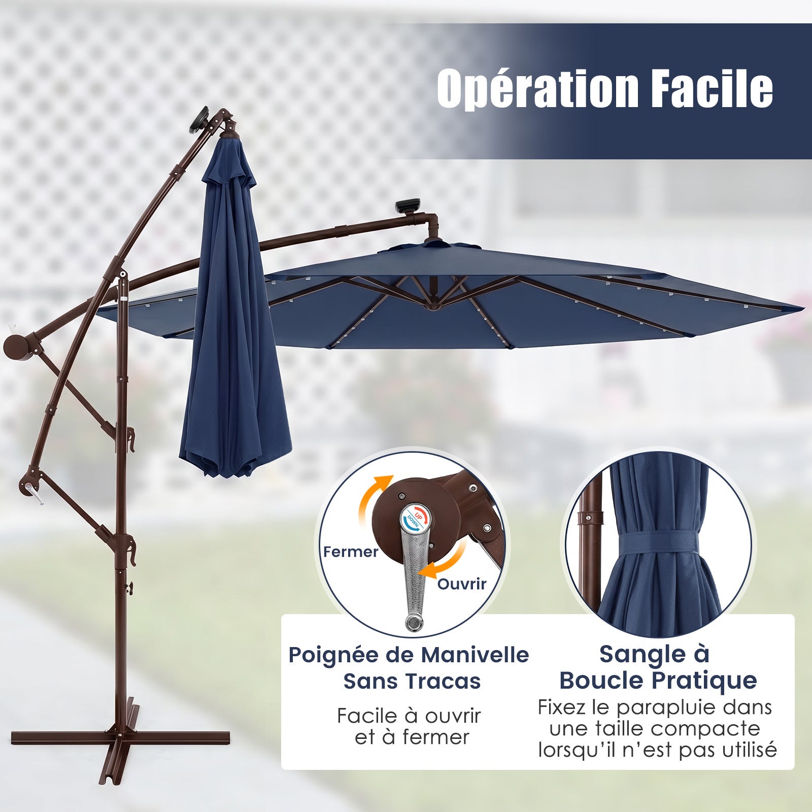 3M Parasol Déporté avec Lumière LED, Parasol de Jardin Extérieur 8 Baleines avec Base Croisée, Grand Parasol Inclinable avec Manivelle (Bleu Marine) - 7