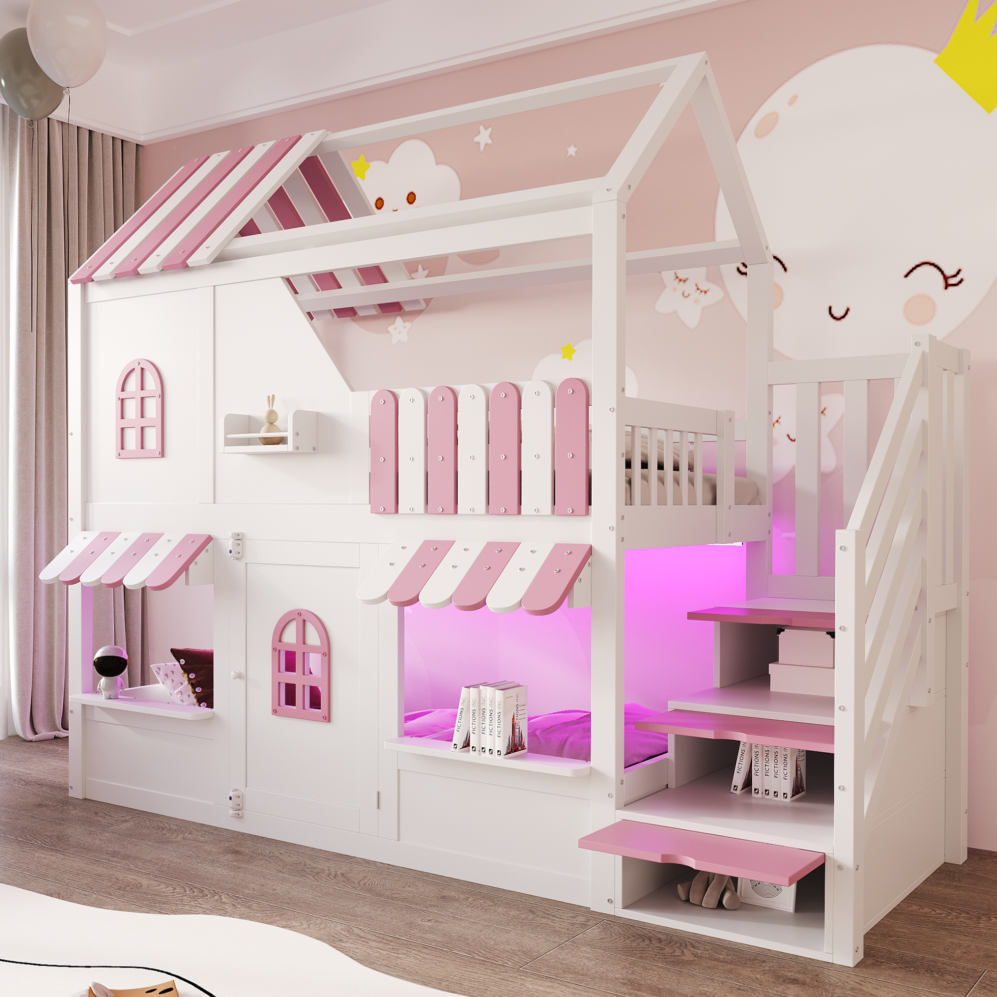 Lit superposé 90 x 200 cm avec fenêtres, toit, auvent, rambarde et porte - Pin + contreplaqué + MDF - LEDs - Rose + blanc (Sans matelas) - 2