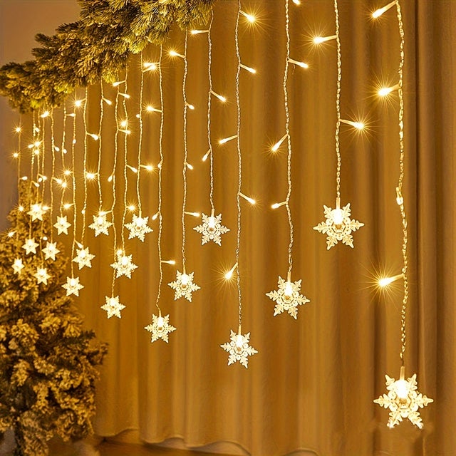 Cortina de luces LED copo de nieve, 4 m enchufe USB, 96 luces LED festival, Navidad, boda, decoración de fiestas (blanco cálido)