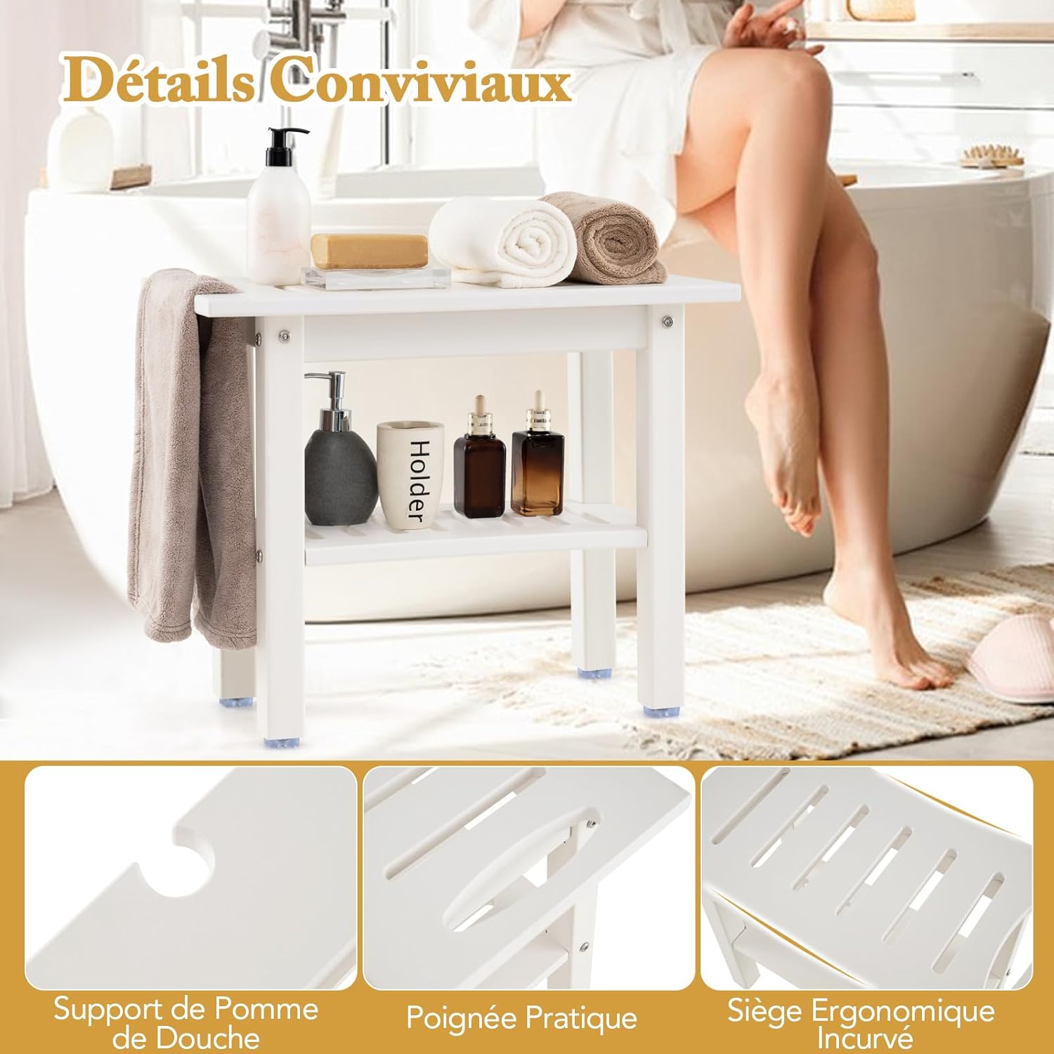 Tabouret Salle de Bain, Banc de Douche à 2 Niveaux en HDPE, Support de Douche, Poignée, Patins Antidérapants, 55 × 30 × 45 cm, Blanc - 8