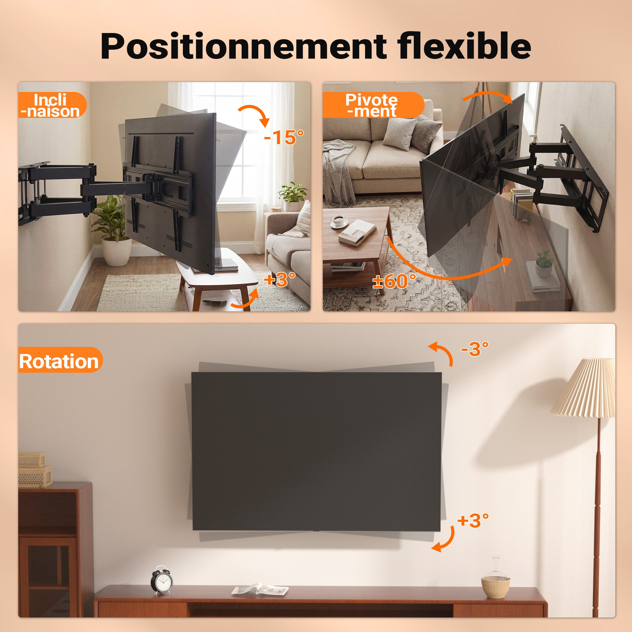 Support TV mural Écrans 37 à 80 pouces Bras pivotant 120° Inclinable Rotatif Dispositif Support Orientable Toboli - 6