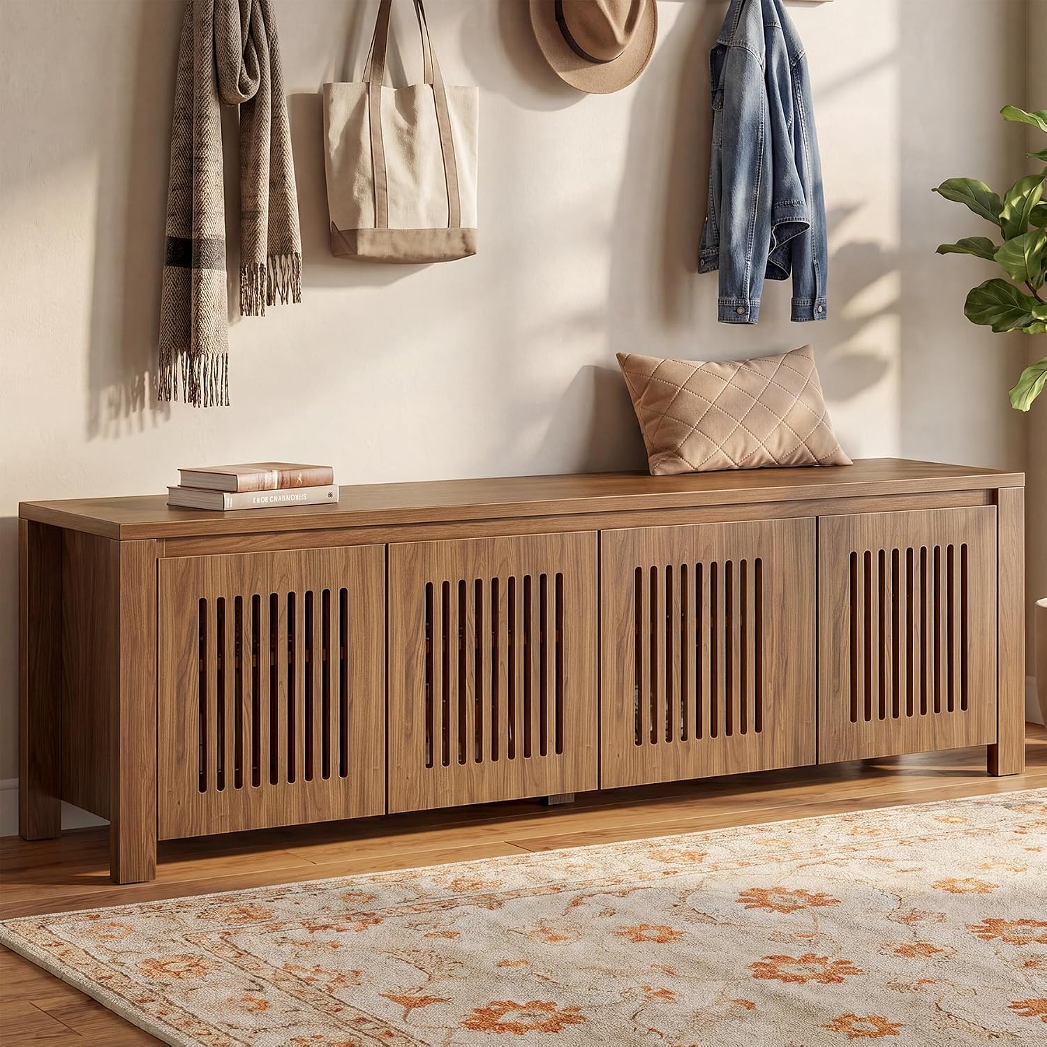 Tribesigns Banc moderne 140cm armoire chaussures à persiennes, salon/chambre/hall, noyer. - 5