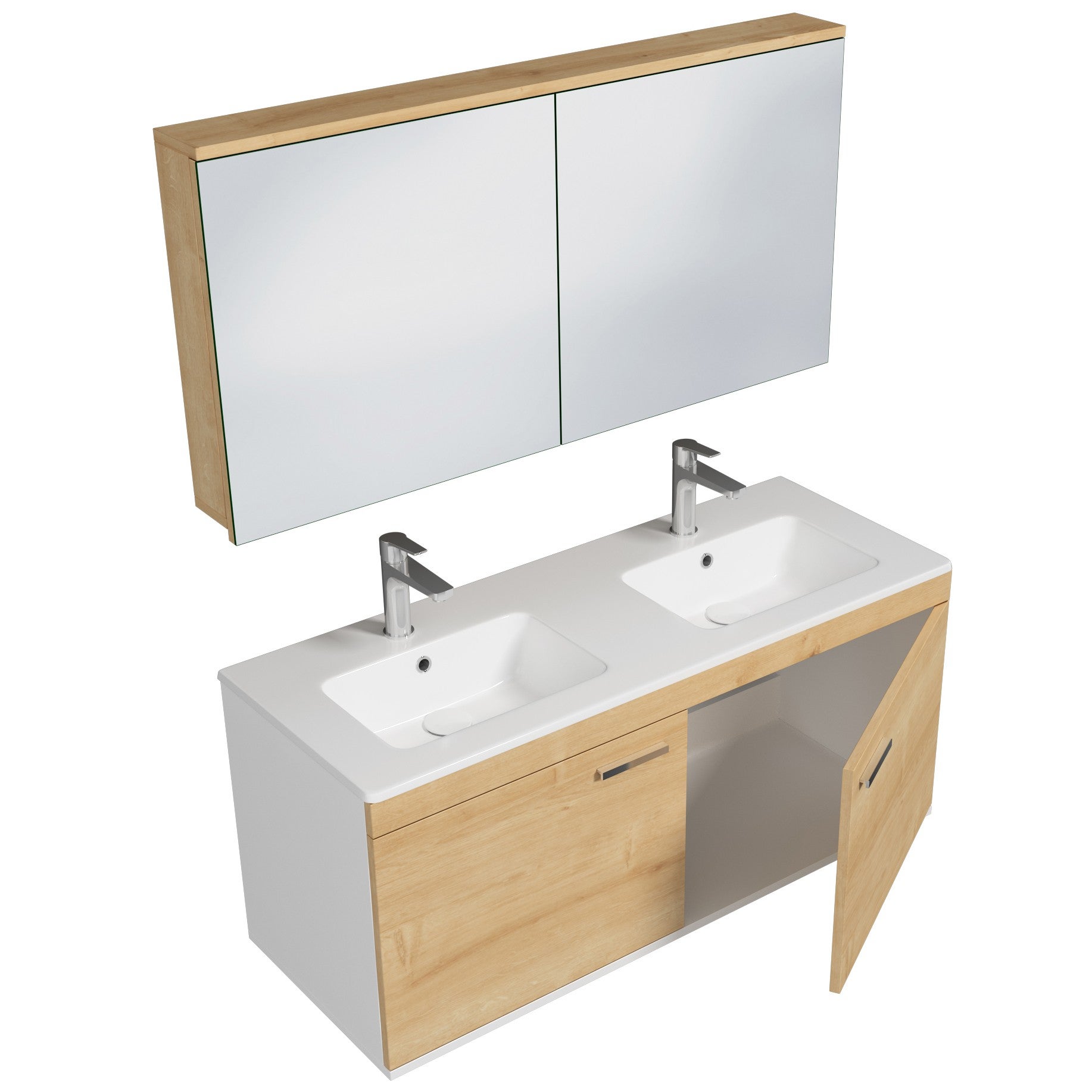 RUBITE meuble double vasque encastrée L. 120 cm + miroir armoire 2 portes chêne clair salle de bain - 2