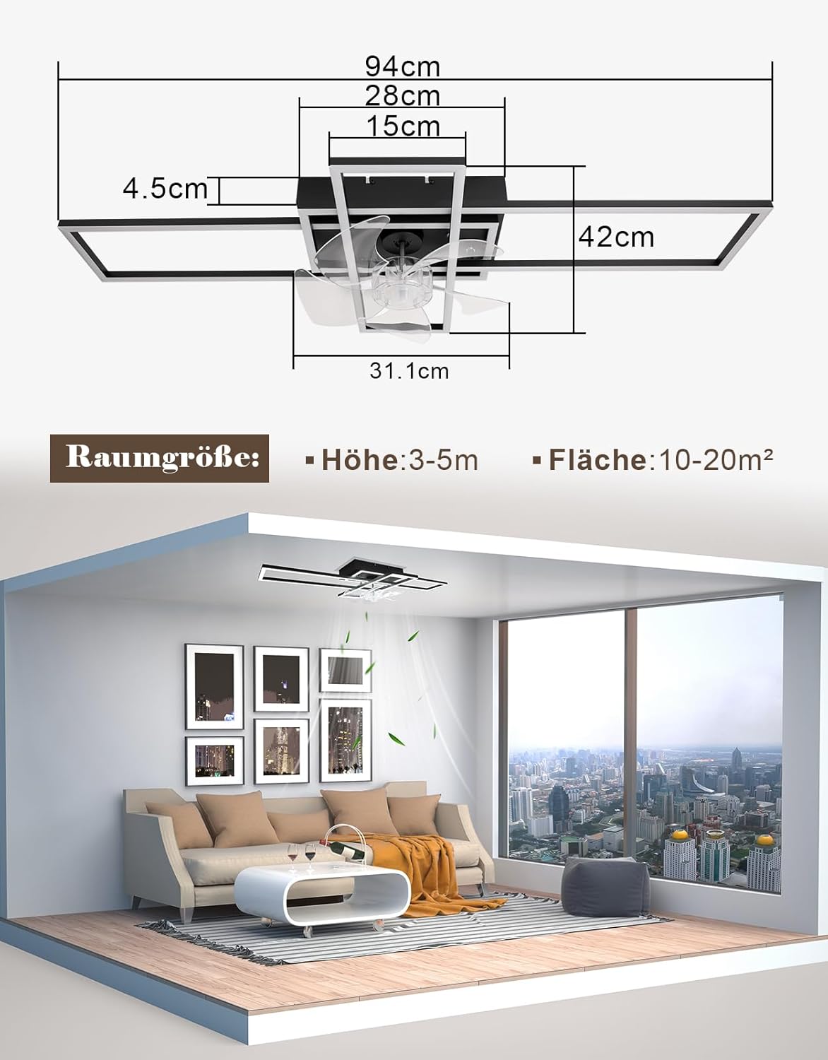 NETTLIFE Ventilateur de Plafond avec Éclairage LED 94cm, Moderne Dimmable avec Télécommande, 6 Vitesses, Minuterie pour Salon Salle à Manger - 6