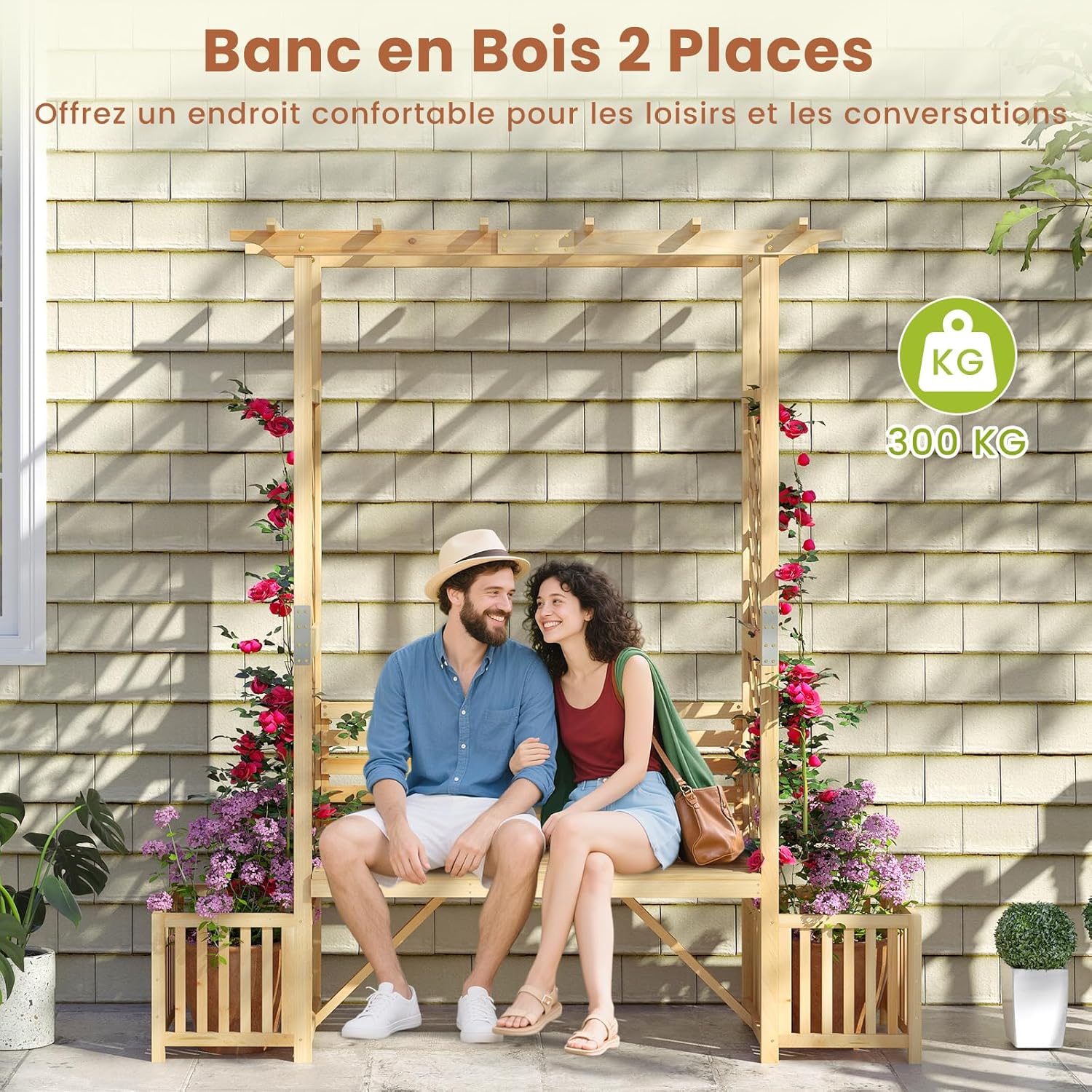 Arche de Jardin avec Jardinière Banc 2 Places à Charge 300 KG, Treillis Latéral pour Plantes Grimpantes Extérieur, pour Terrasse Jardin, Naturel - 6