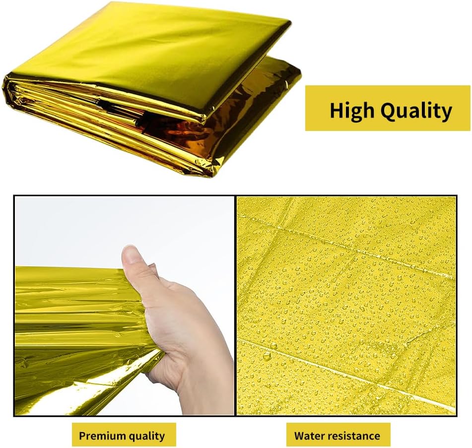Couverture thermique de survie extérieure (lot de 2), réutilisable, or et argent, 210 × 160 cm, avec sifflet de survie. - 3