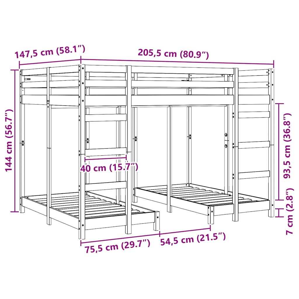 Cadre de lit superposé triple, blanc, en pin massif, 140 × 200 cm - 9