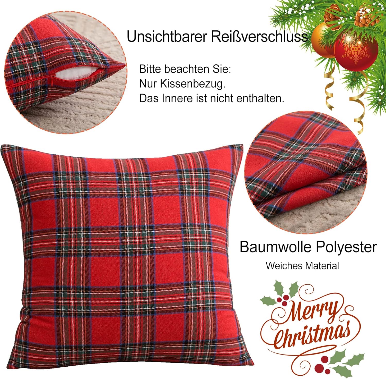 Lot de 4 housses de coussin décoratives à carreaux écossais de Noël, 45 x 45 cm, en polyester et coton, pour canapé, chambre, salon, voiture - 5