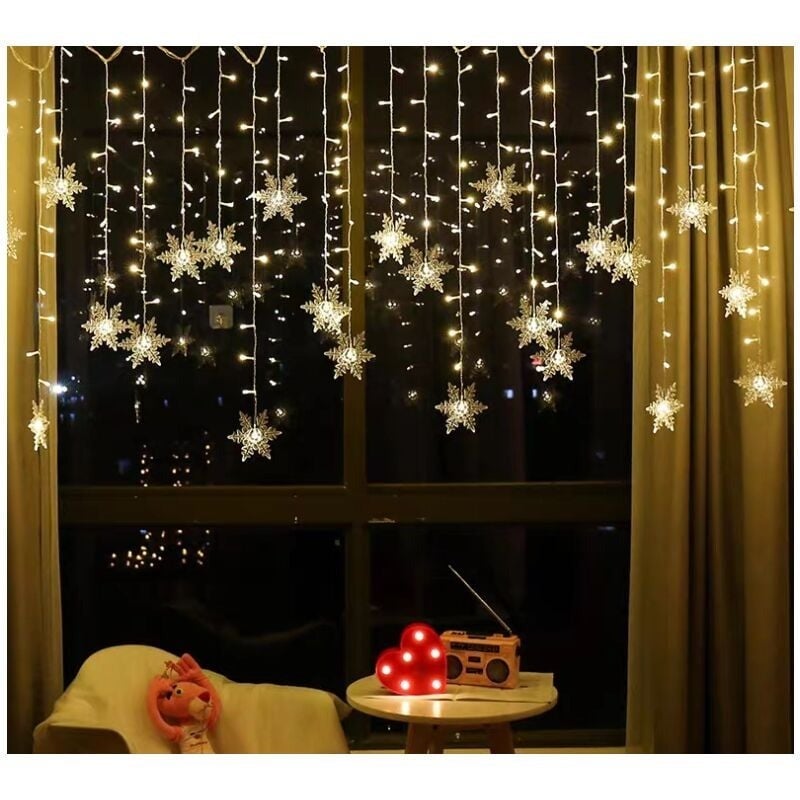 Guirlandes lumineuses, rideaux lumineux, 4 mètres de lumières de Noël à 96 LED en forme de flocon de neige avec 8 modes d'éclairage, blanc chaud - 2